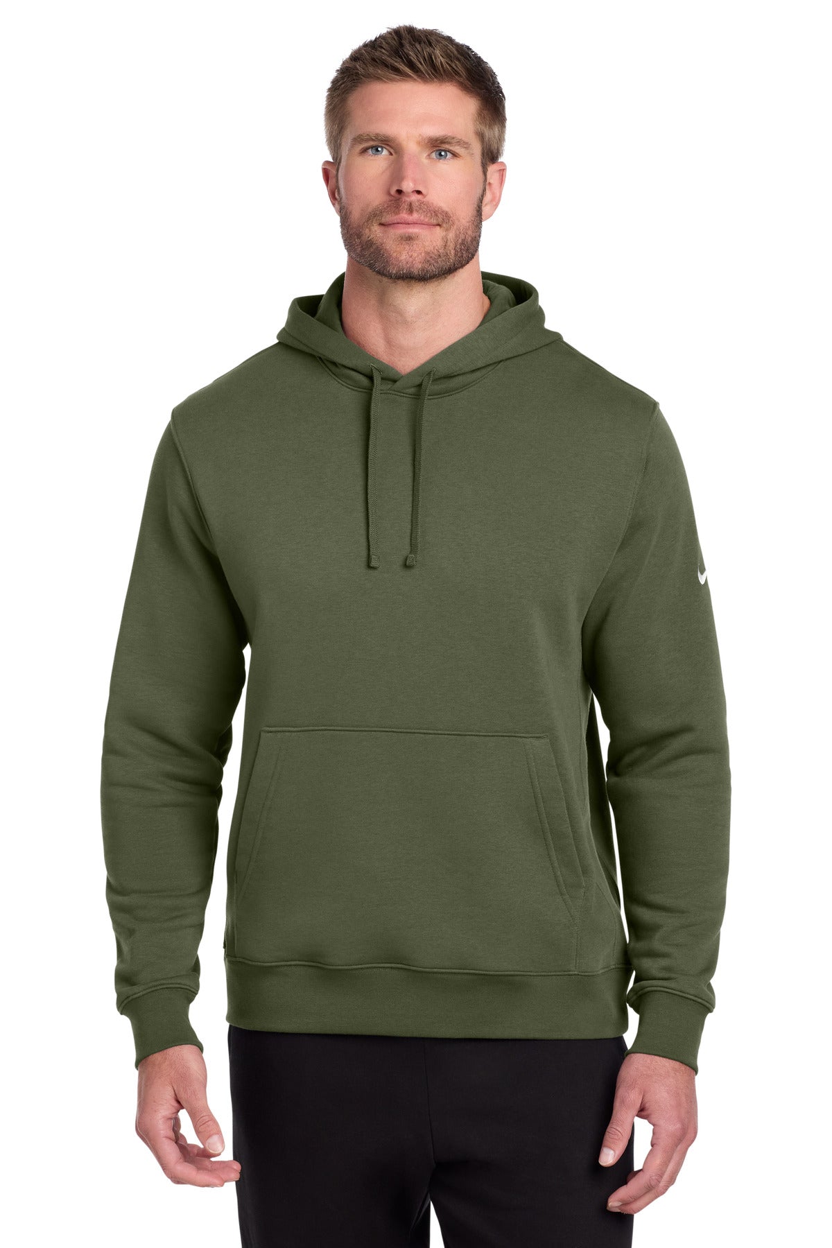 Custom logo Nike Club Fleece Sleeve Swoosh Pullover Hoodie NKDR1499 in Medium Olive