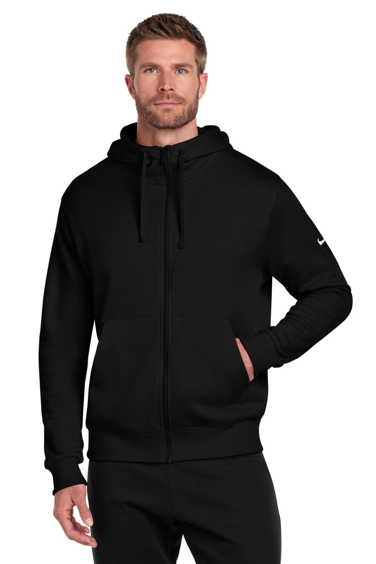 Custom logo Nike Club Fleece Sleeve Swoosh Full-Zip Hoodie NKDR1513 in Black