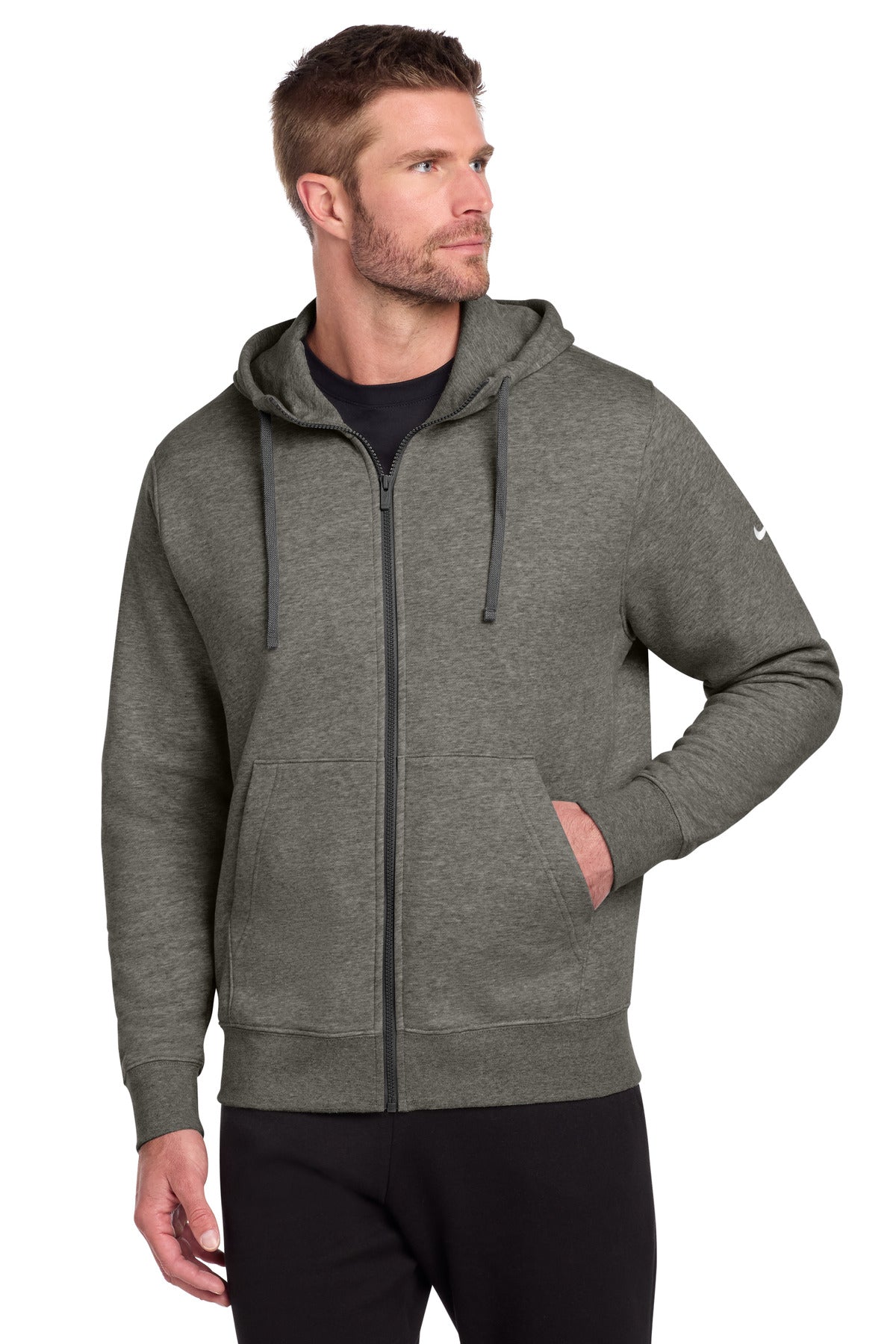 Custom logo Nike Club Fleece Sleeve Swoosh Full-Zip Hoodie NKDR1513 in Charcoal Heather