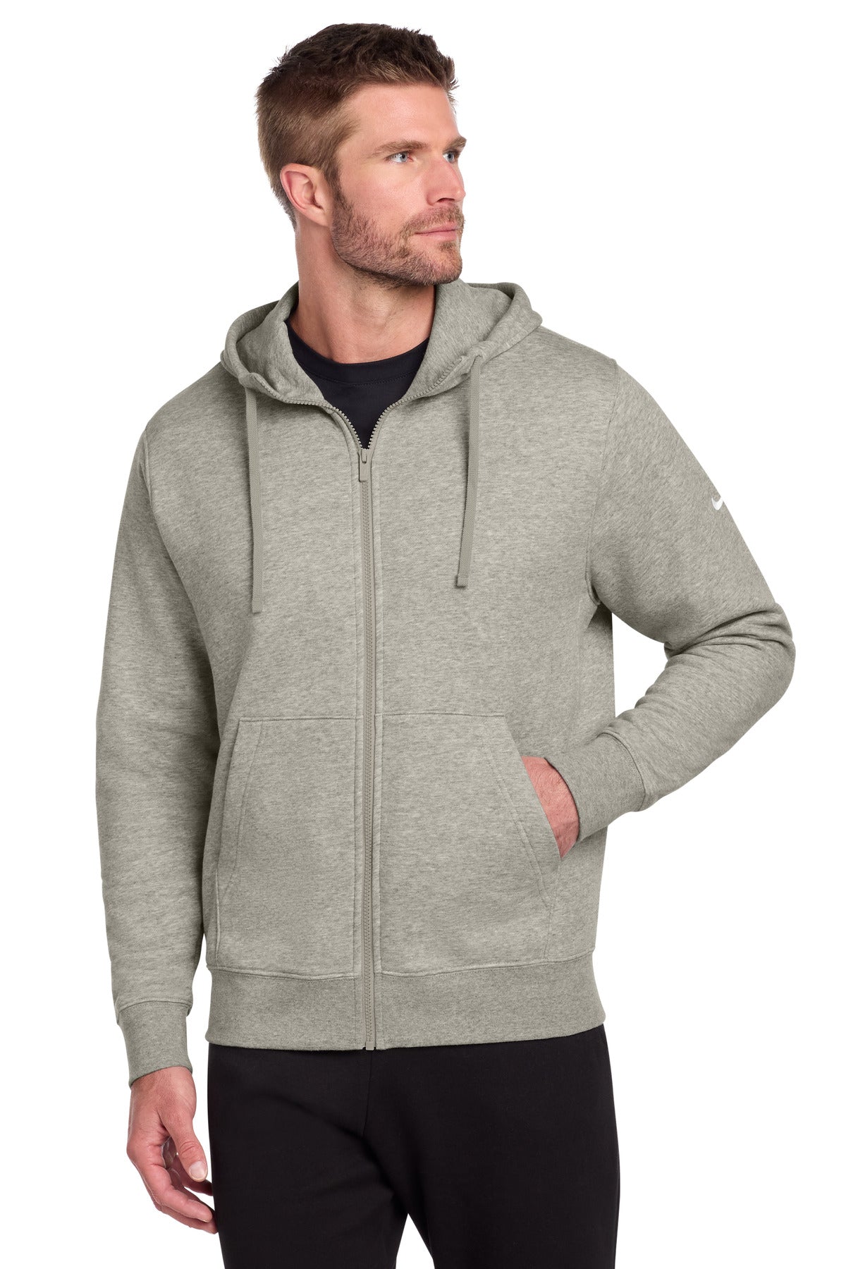 Custom logo Nike Club Fleece Sleeve Swoosh Full-Zip Hoodie NKDR1513 in Dark Grey Heather