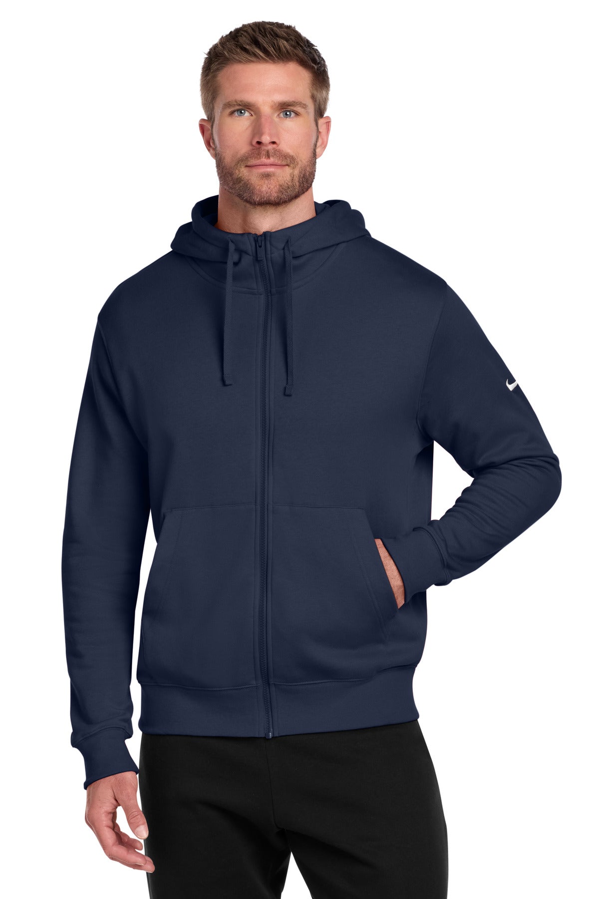 Custom logo Nike Club Fleece Sleeve Swoosh Full-Zip Hoodie NKDR1513 in Midnight Navy