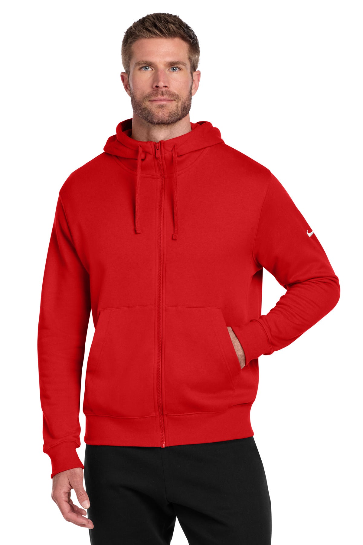 Custom logo Nike Club Fleece Sleeve Swoosh Full-Zip Hoodie NKDR1513 in University Red