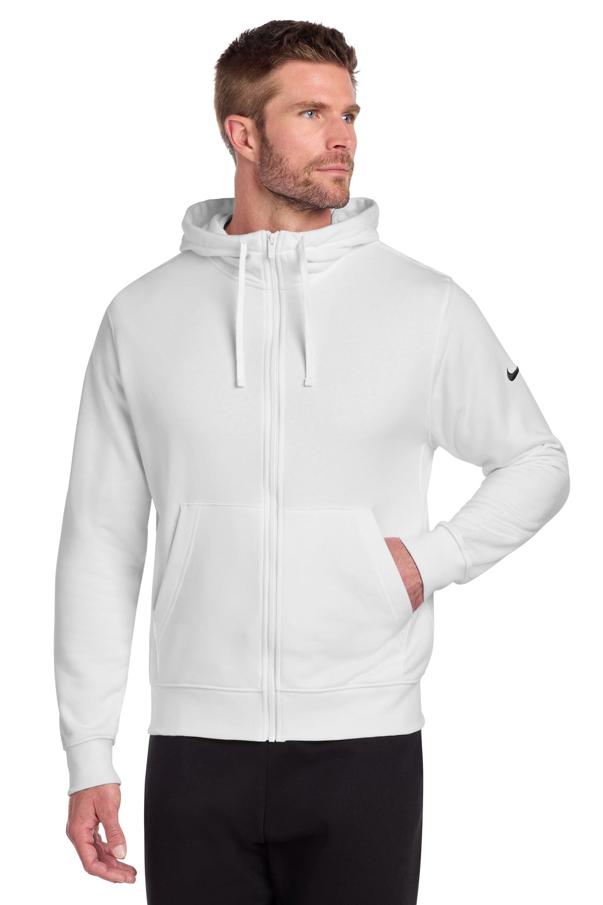 Custom logo Nike Club Fleece Sleeve Swoosh Full-Zip Hoodie NKDR1513 in White
