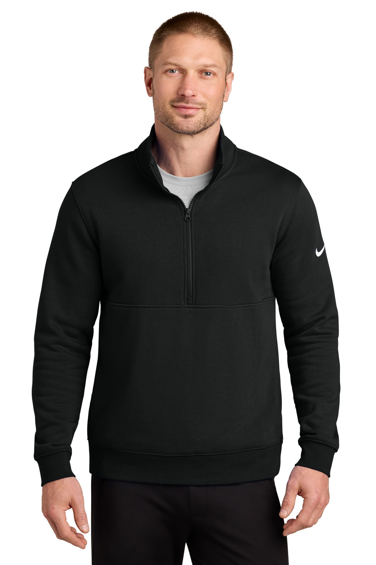 Custom logo Nike Club Fleece Sleeve Swoosh 1/2-Zip NKDX6718 in Black