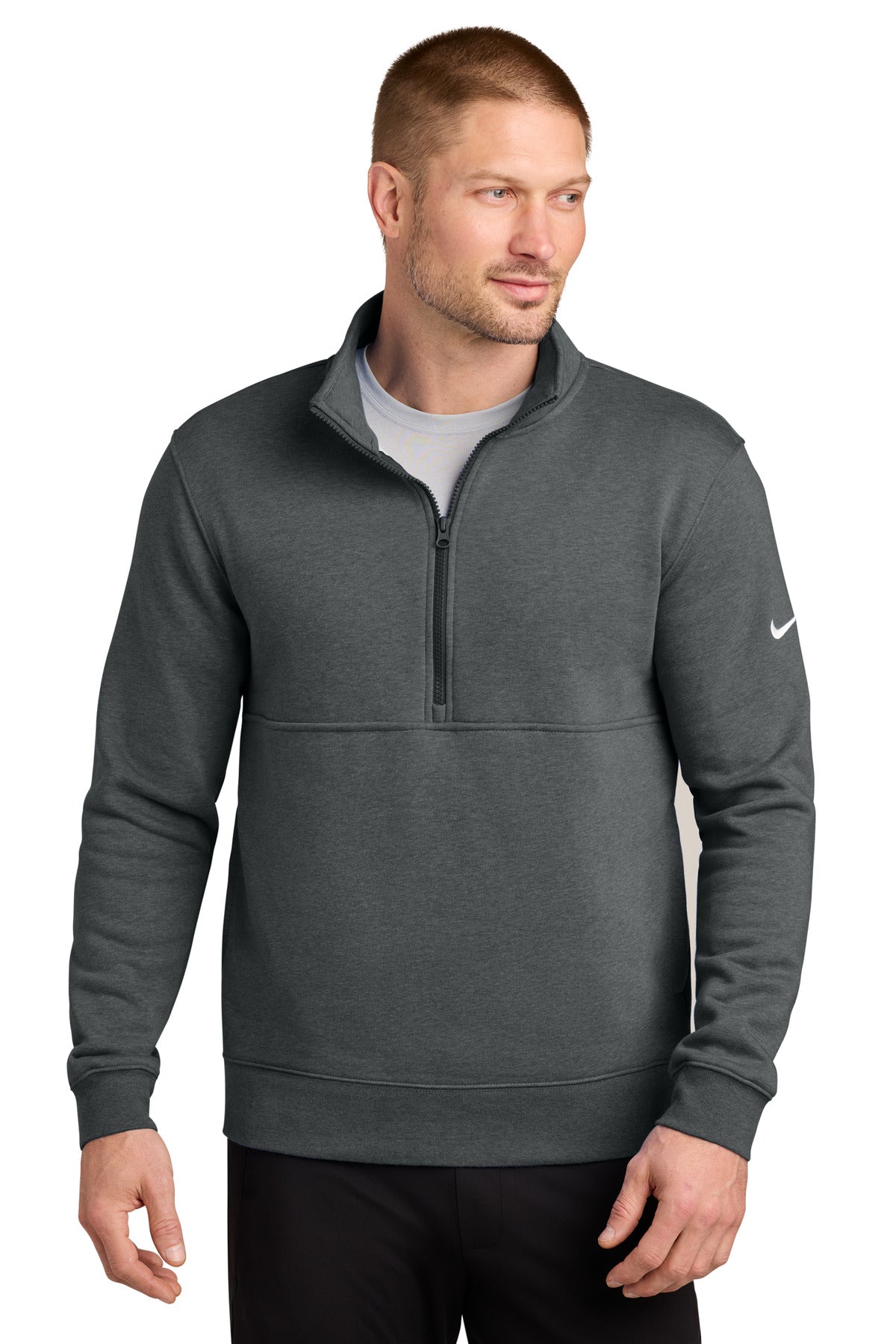 Custom logo Nike Club Fleece Sleeve Swoosh 1/2-Zip NKDX6718 in Charcoal Heather
