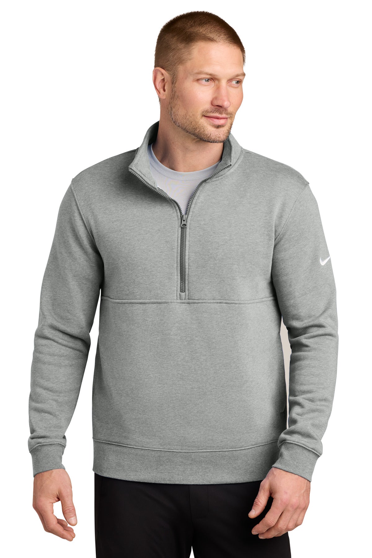 Custom logo Nike Club Fleece Sleeve Swoosh 1/2-Zip NKDX6718 in Dark Grey Heather