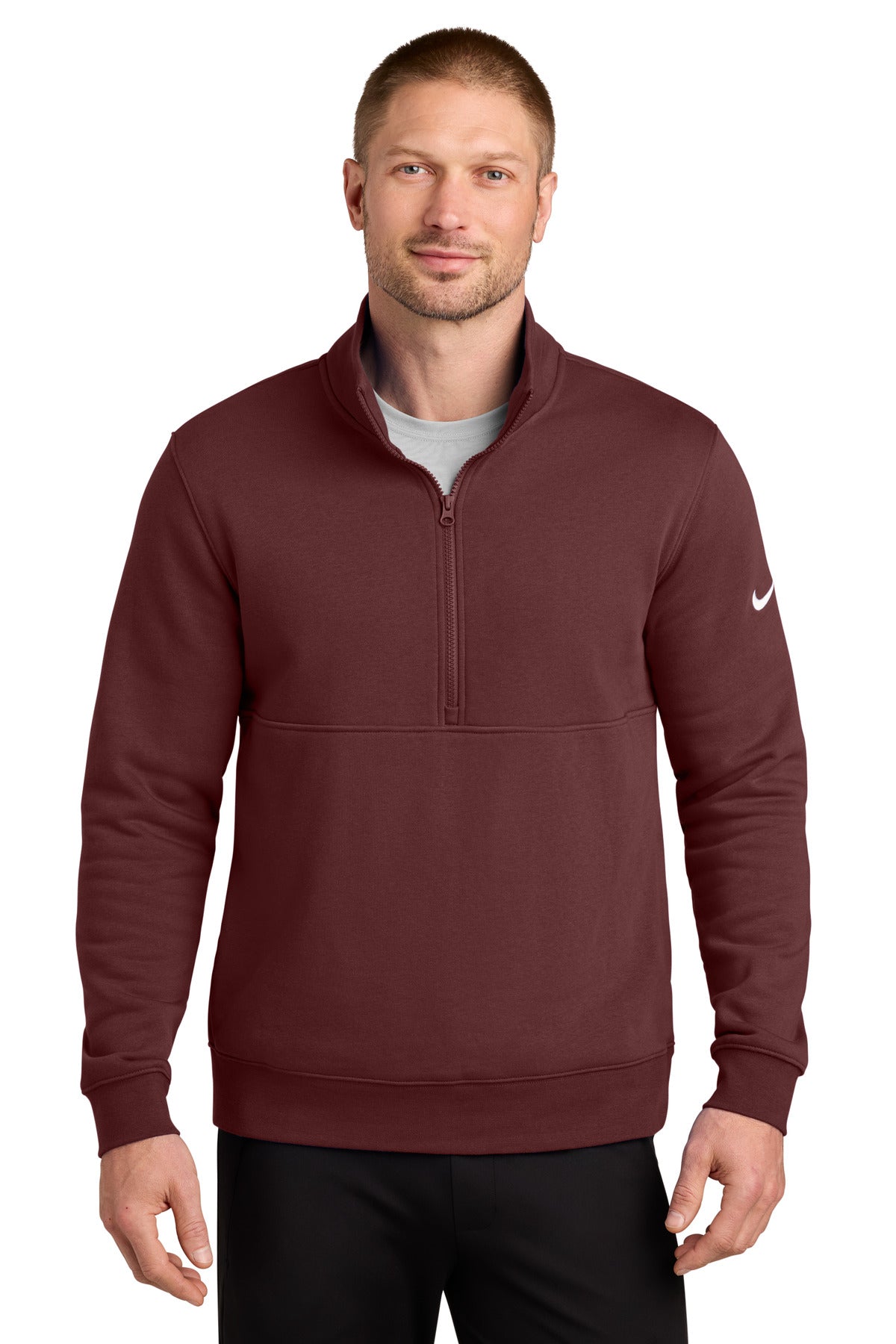 Custom logo Nike Club Fleece Sleeve Swoosh 1/2-Zip NKDX6718 in Dark Team Red
