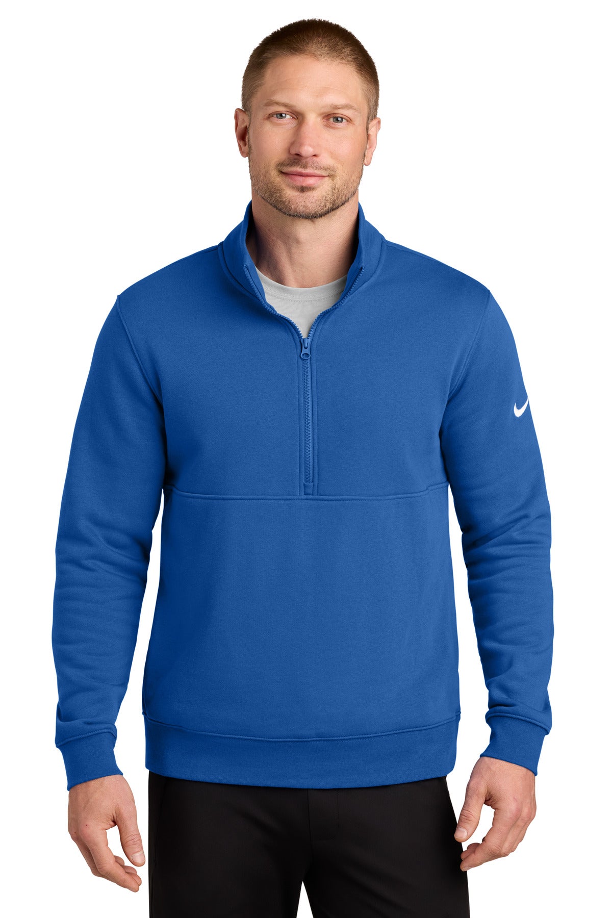 Custom logo Nike Club Fleece Sleeve Swoosh 1/2-Zip NKDX6718 in Game Royal