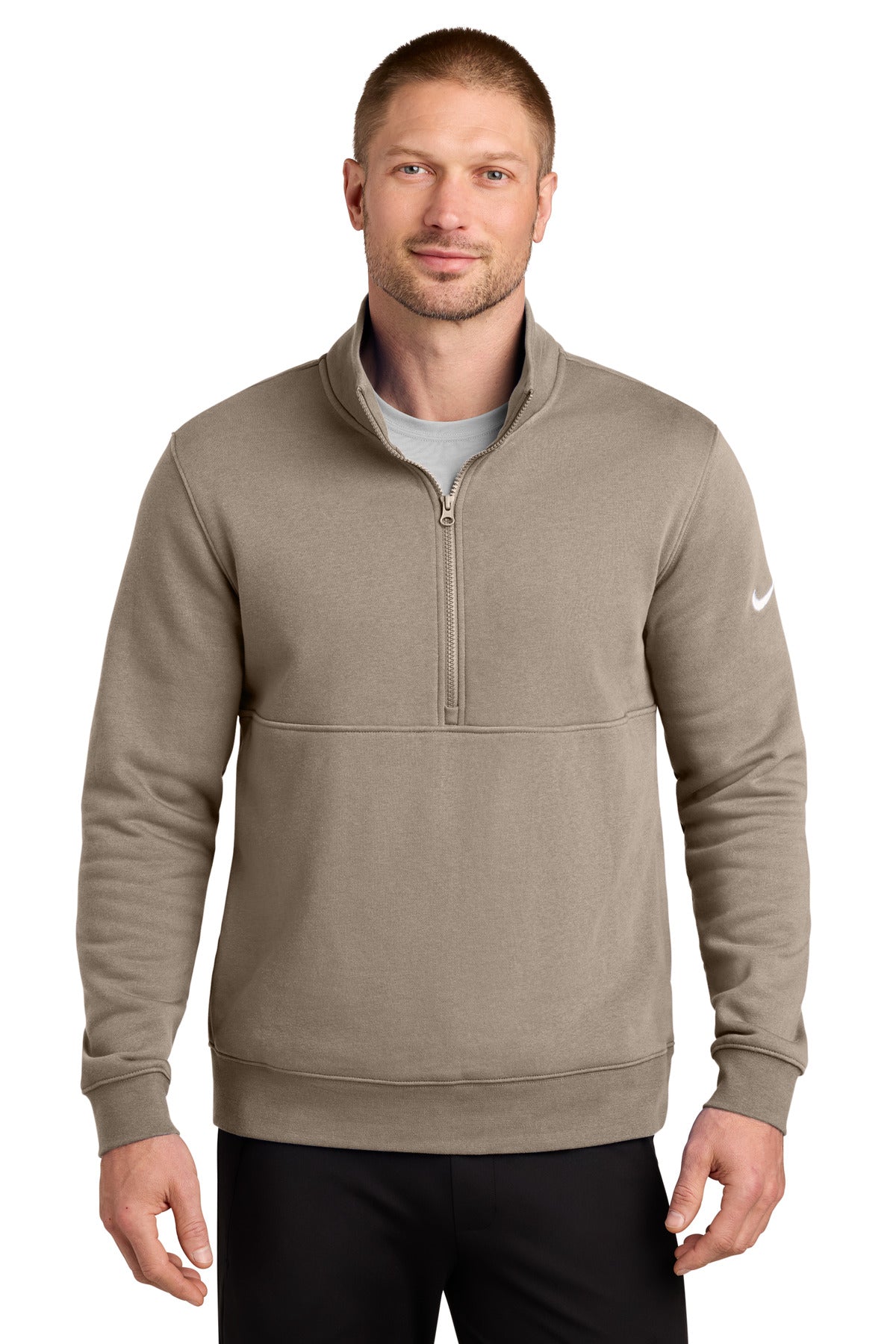 Custom logo Nike Club Fleece Sleeve Swoosh 1/2-Zip NKDX6718 in Khaki