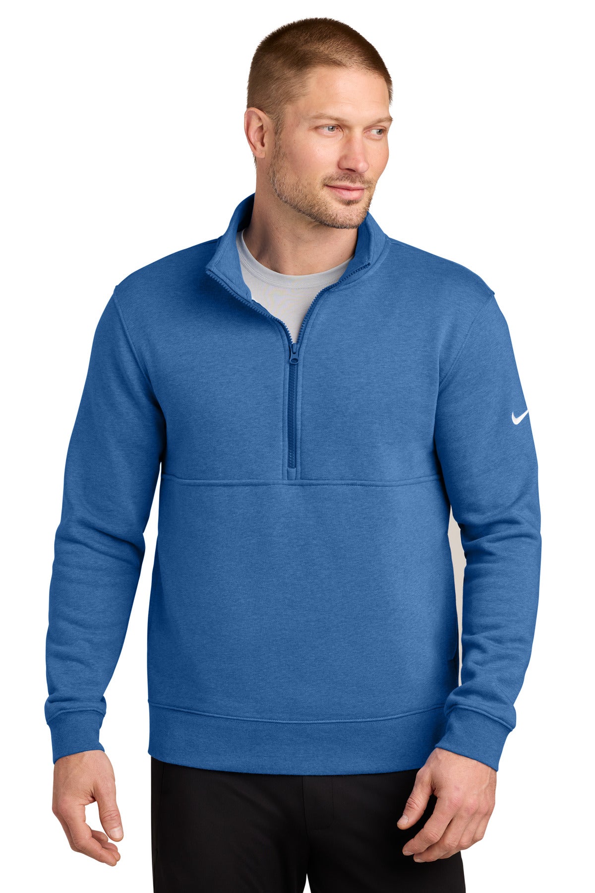 Custom logo Nike Club Fleece Sleeve Swoosh 1/2-Zip NKDX6718 in Light Game Royal Heather