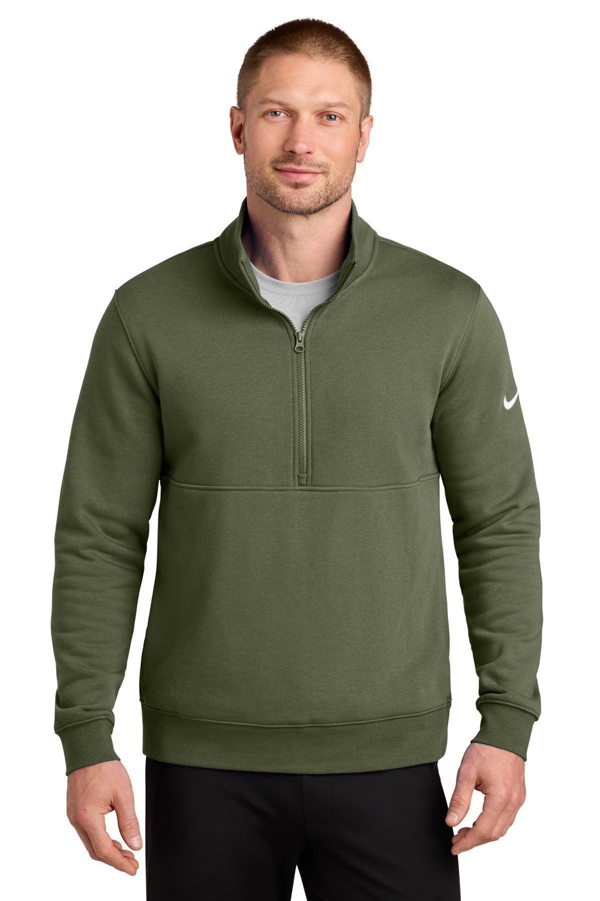 Custom logo Nike Club Fleece Sleeve Swoosh 1/2-Zip NKDX6718 in Medium Olive