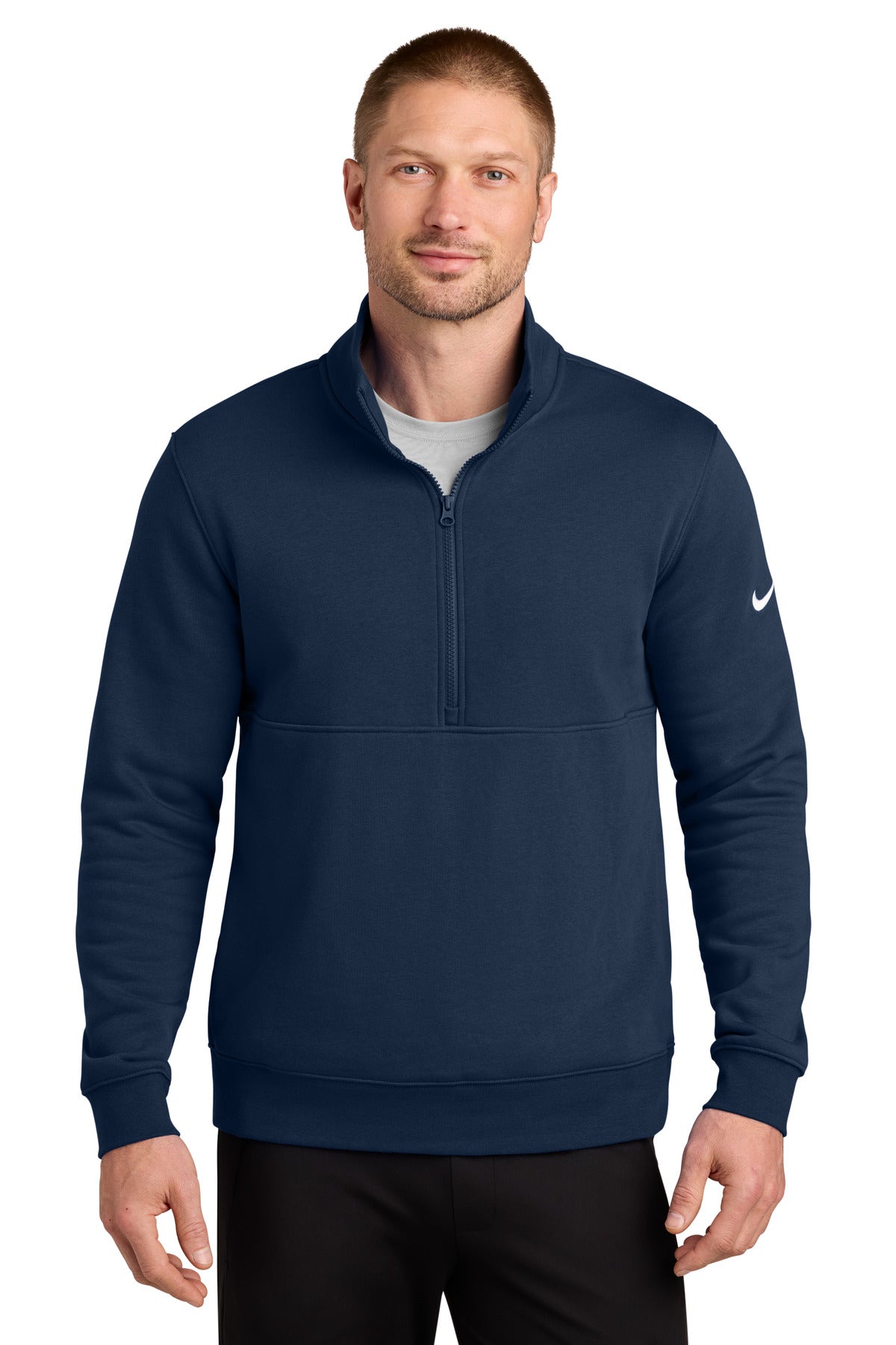 Custom logo Nike Club Fleece Sleeve Swoosh 1/2-Zip NKDX6718 in Midnight Navy