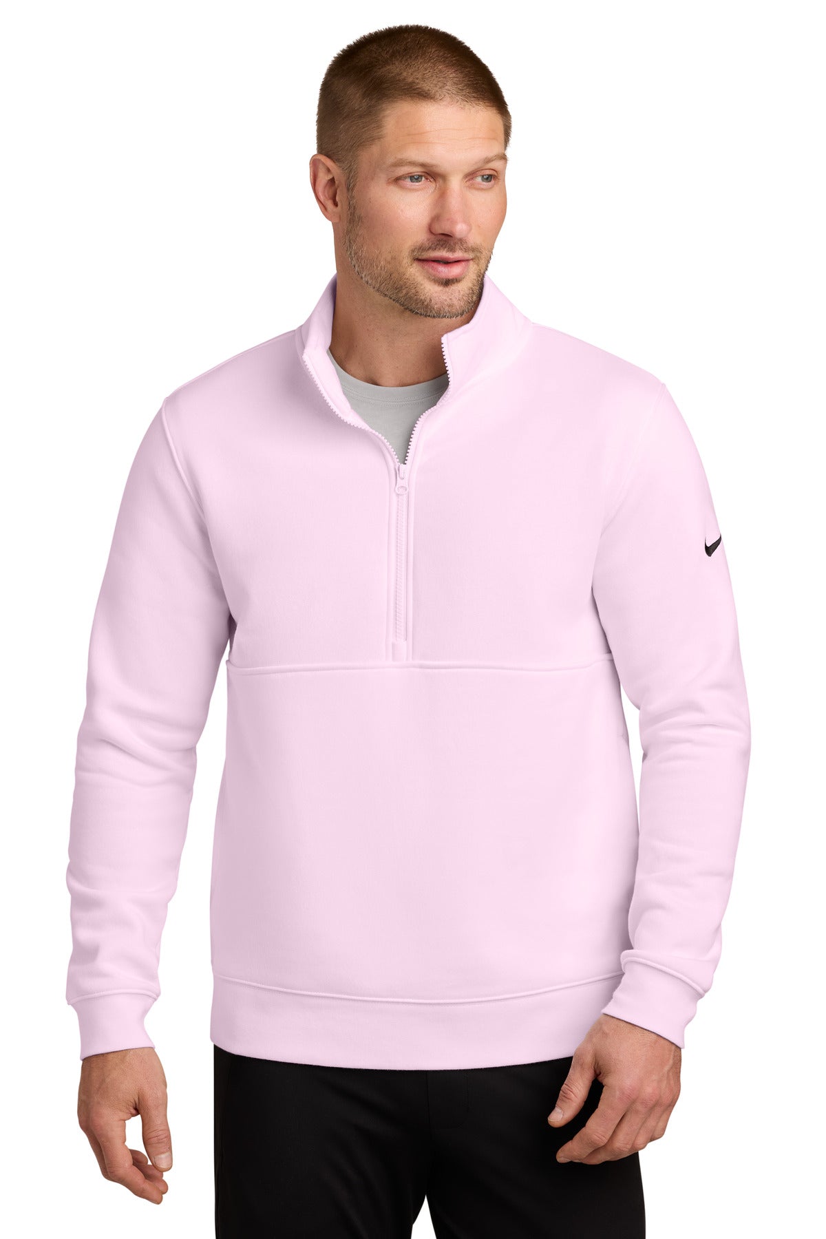 Custom logo Nike Club Fleece Sleeve Swoosh 1/2-Zip NKDX6718 in Pink Foam