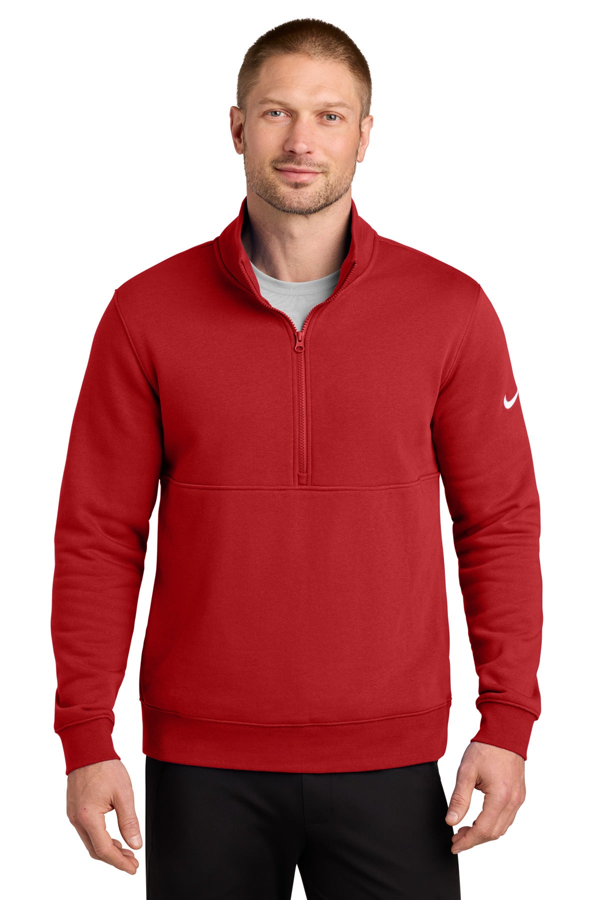 Custom logo Nike Club Fleece Sleeve Swoosh 1/2-Zip NKDX6718 in University Red