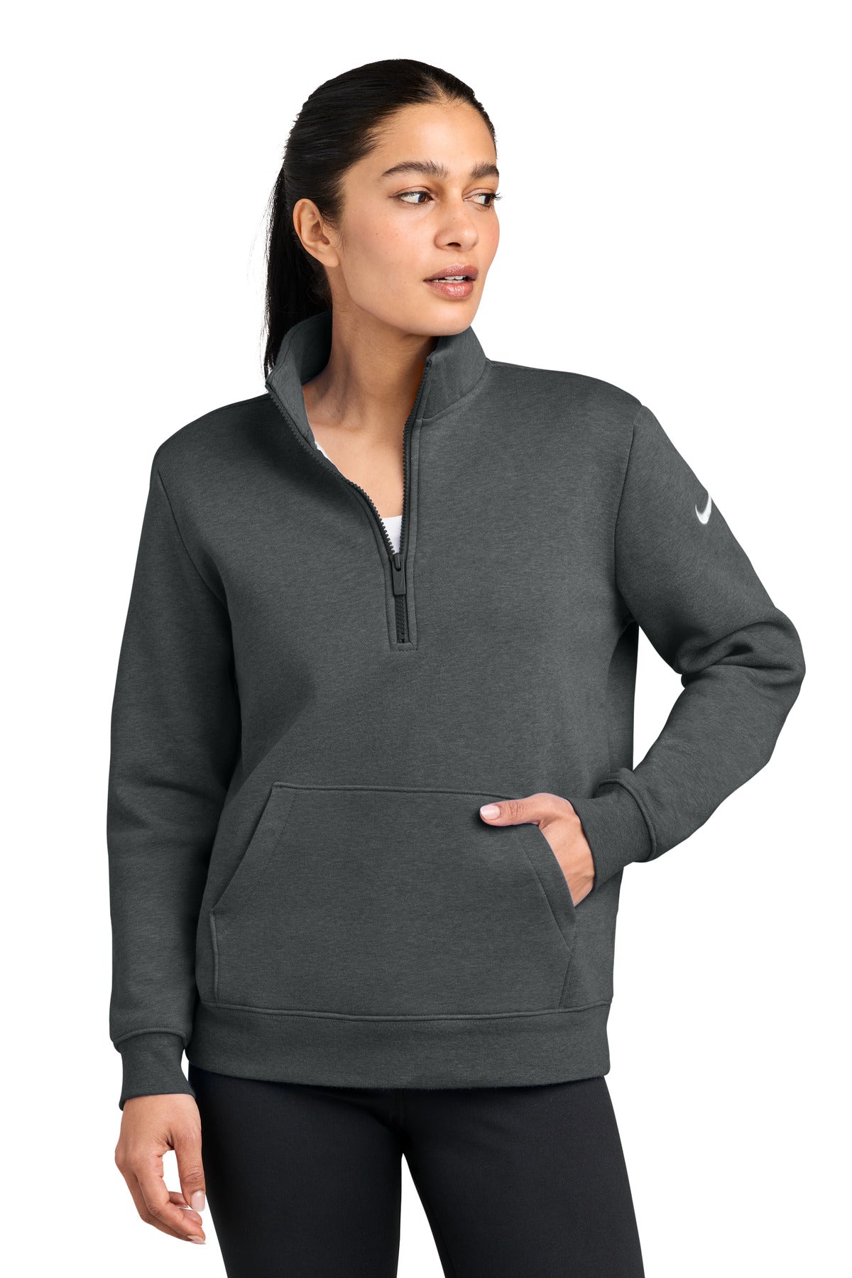 Custom logo Nike Women's Club Fleece Sleeve Swoosh 1/2-Zip NKDX6720 in Charcoal Heather