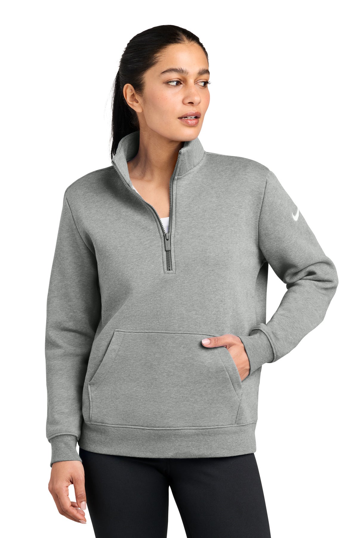 Custom logo Nike Women's Club Fleece Sleeve Swoosh 1/2-Zip NKDX6720 in Dark Grey Heather