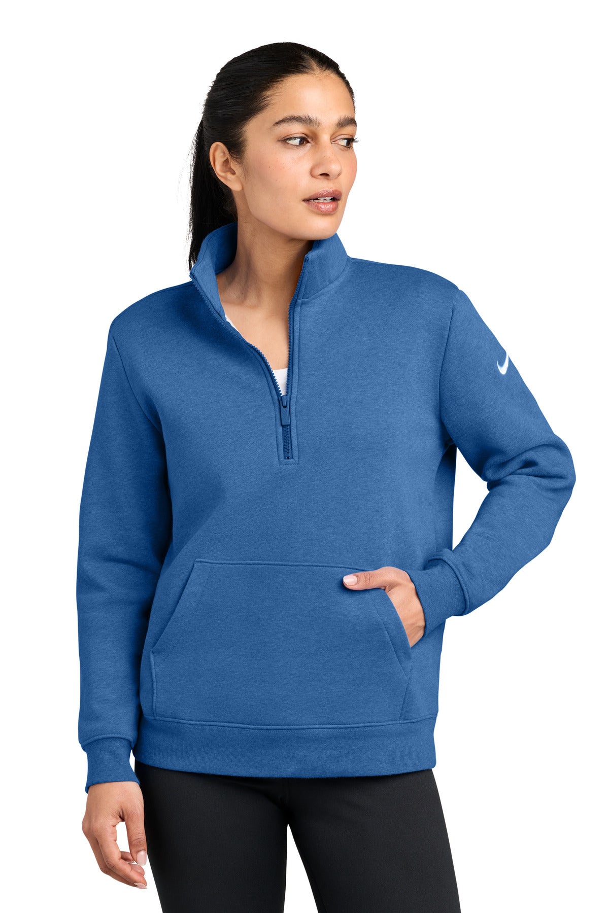 Custom logo Nike Women's Club Fleece Sleeve Swoosh 1/2-Zip NKDX6720 in Light Game Royal Heather
