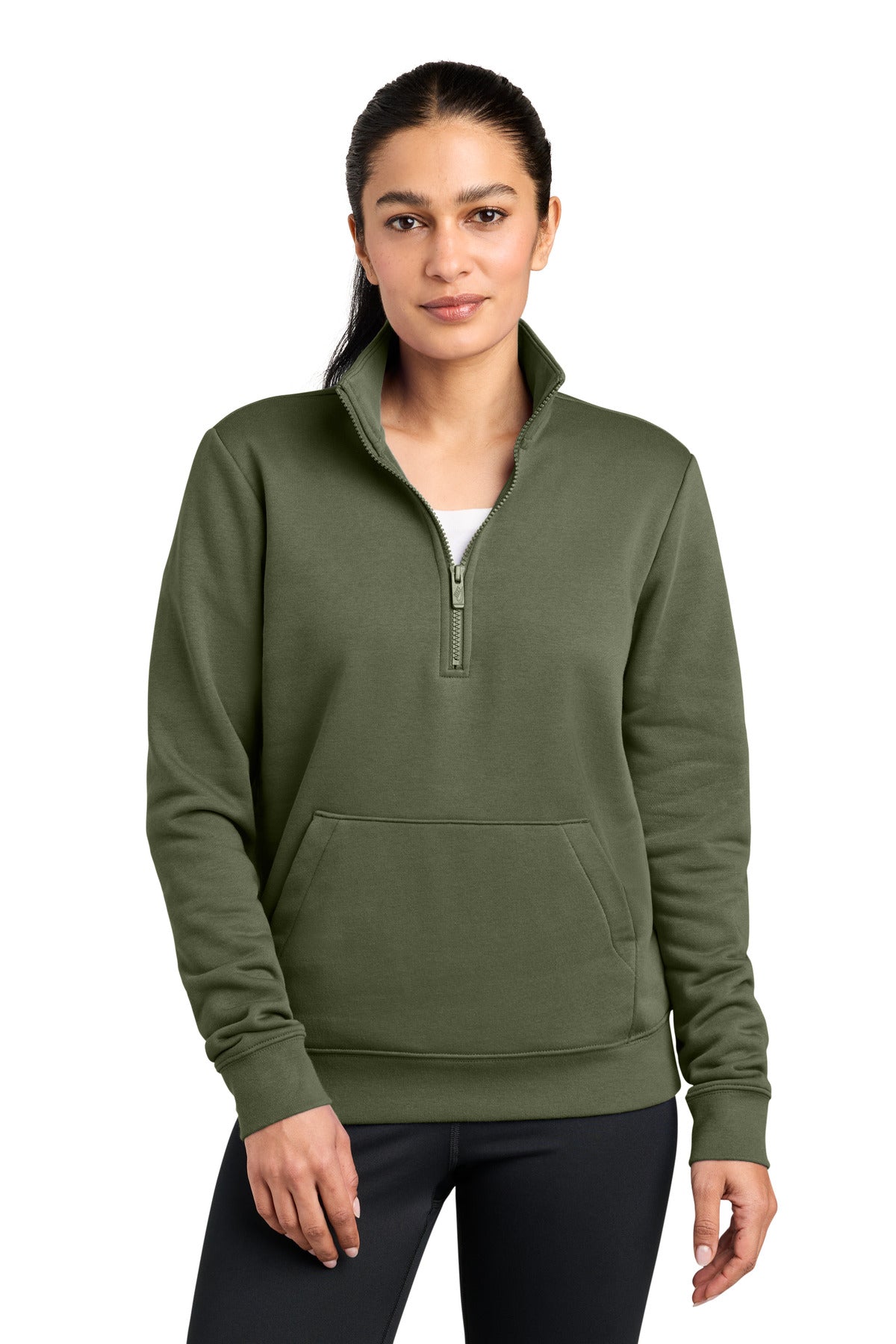 Custom logo Nike Women's Club Fleece Sleeve Swoosh 1/2-Zip NKDX6720 in Medium Olive