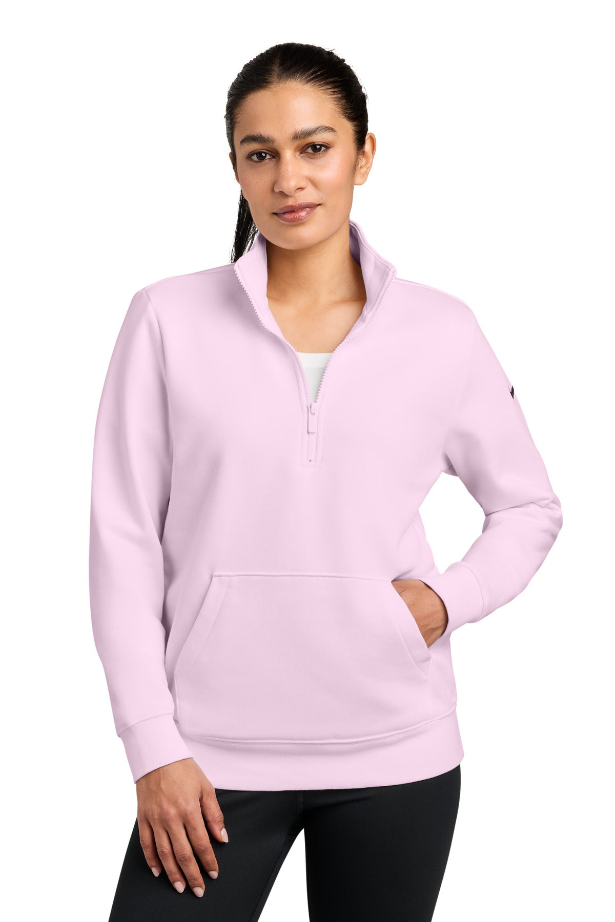 Custom logo Nike Women's Club Fleece Sleeve Swoosh 1/2-Zip NKDX6720 in Pink Foam