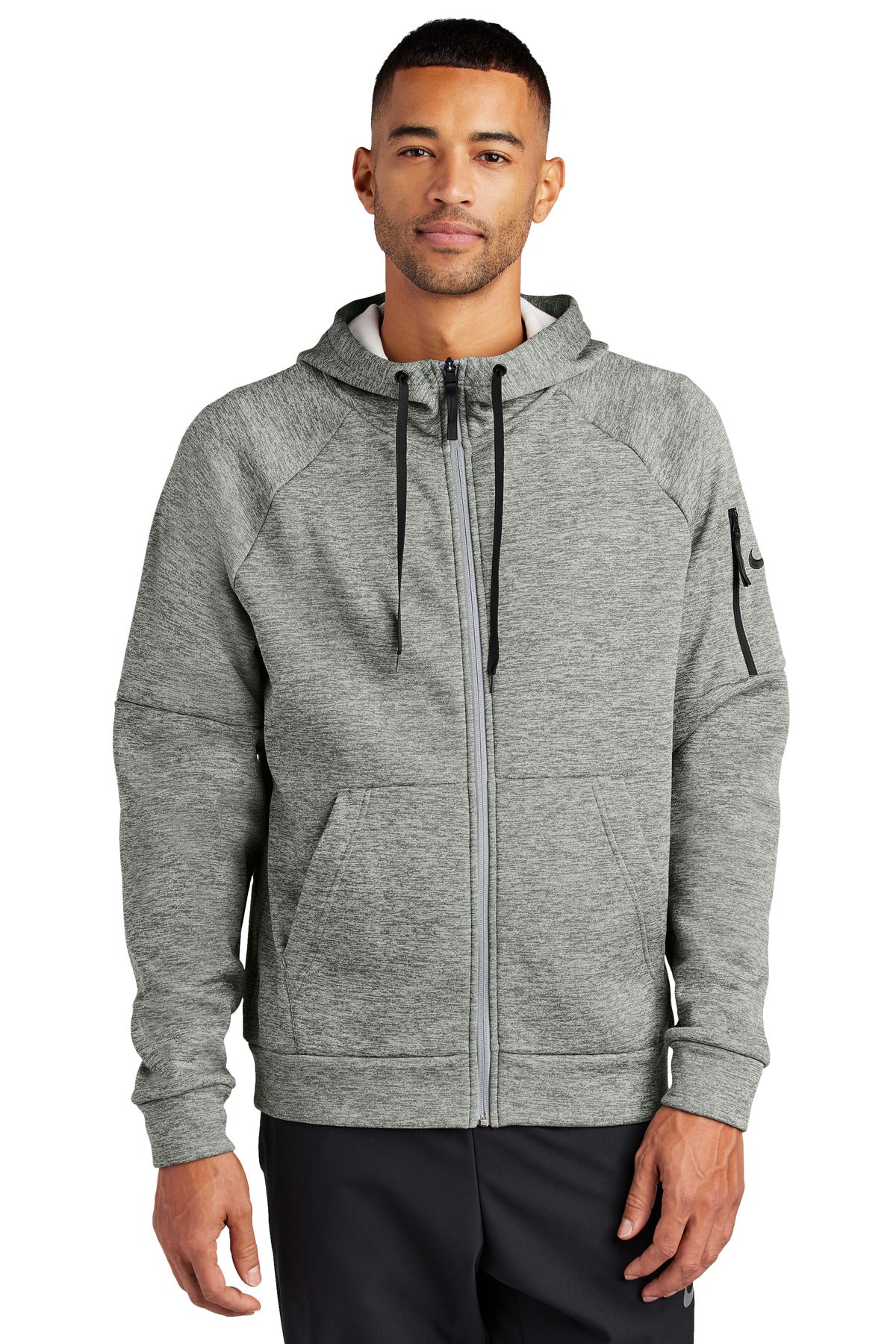 Custom logo Nike Therma-FIT Pocket Full-Zip Fleece Hoodie NKFD9859 in Dark Grey Heather
