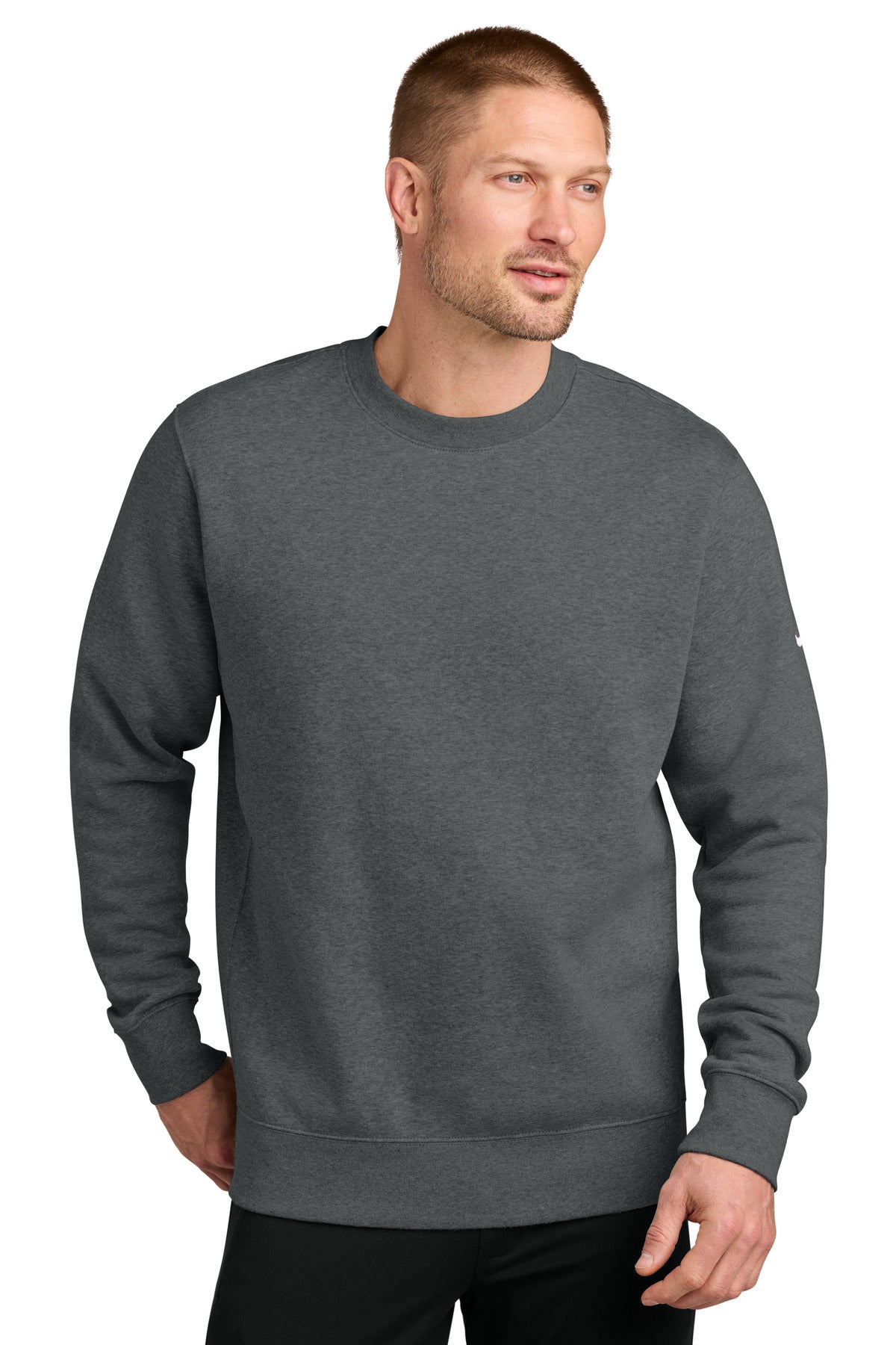 Custom logo Nike Club Fleece Sleeve Swoosh Crew NKFD9863 in Charcoal Heather