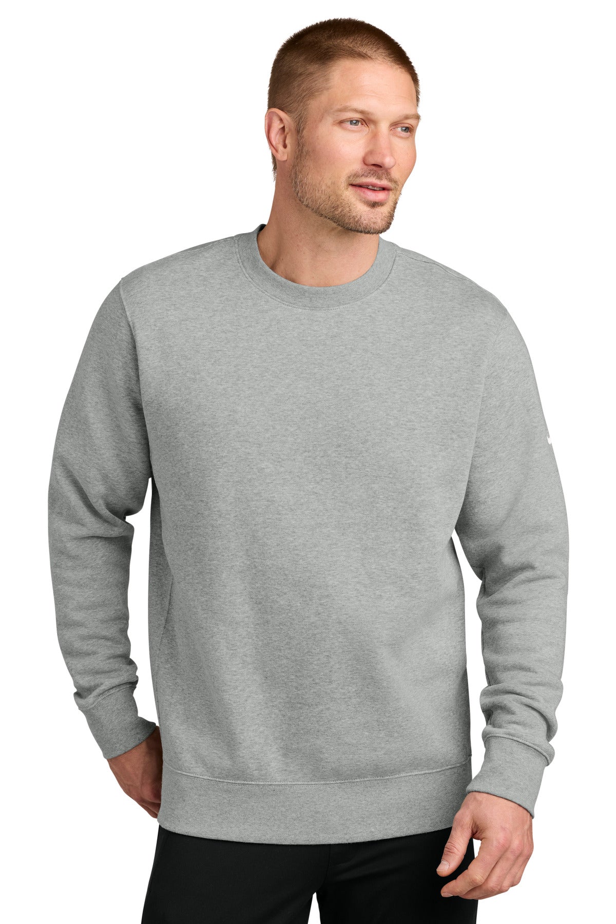 Custom logo Nike Club Fleece Sleeve Swoosh Crew NKFD9863 in Dark Grey Heather
