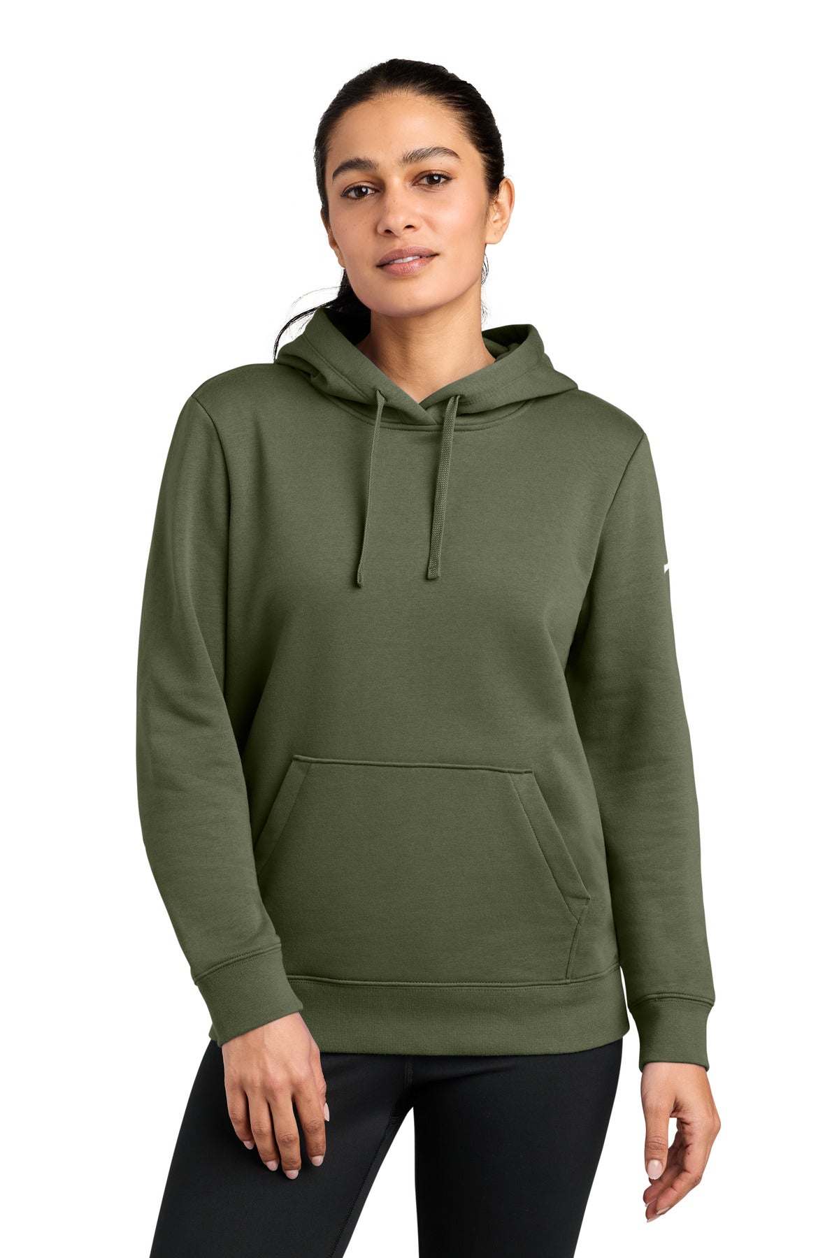 Custom logo Nike Women's Club Fleece Sleeve Swoosh Pullover Hoodie NKFD9889 in Medium Olive
