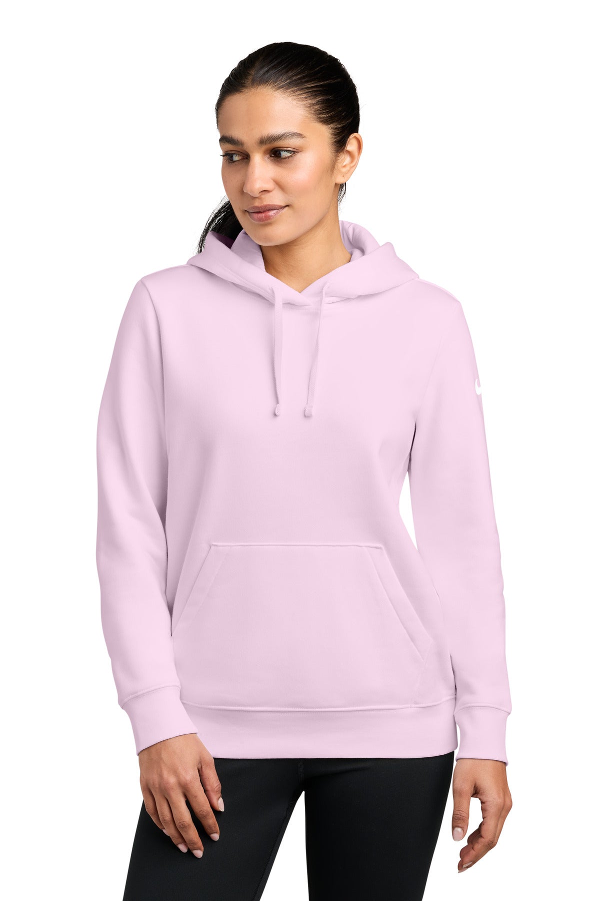 Custom logo Nike Women's Club Fleece Sleeve Swoosh Pullover Hoodie NKFD9889 in Pink Foam