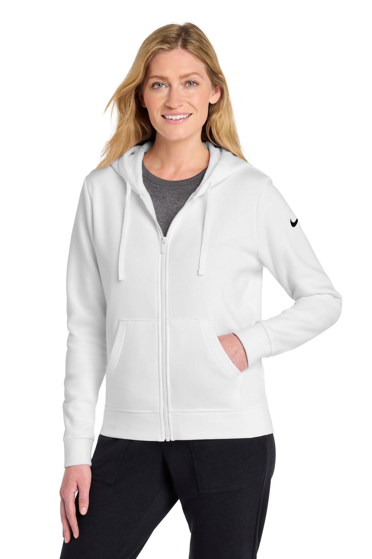 Custom logo Nike Women's Club Fleece Sleeve Swoosh Full-Zip Hoodie NKFD9890 in White