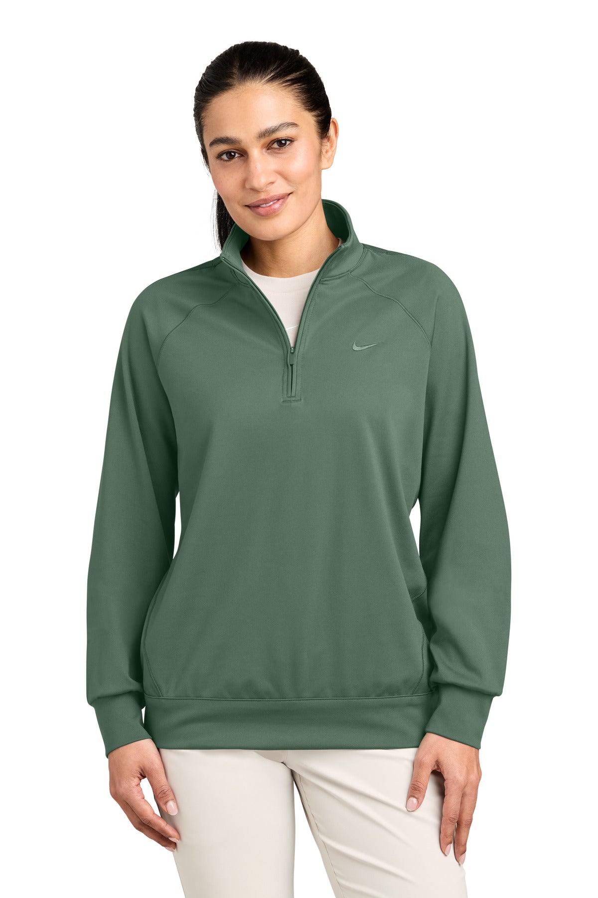 Custom logo Nike Women's Dri-FIT Primary 1/4-Zip NKIO8129 in Vintage Green