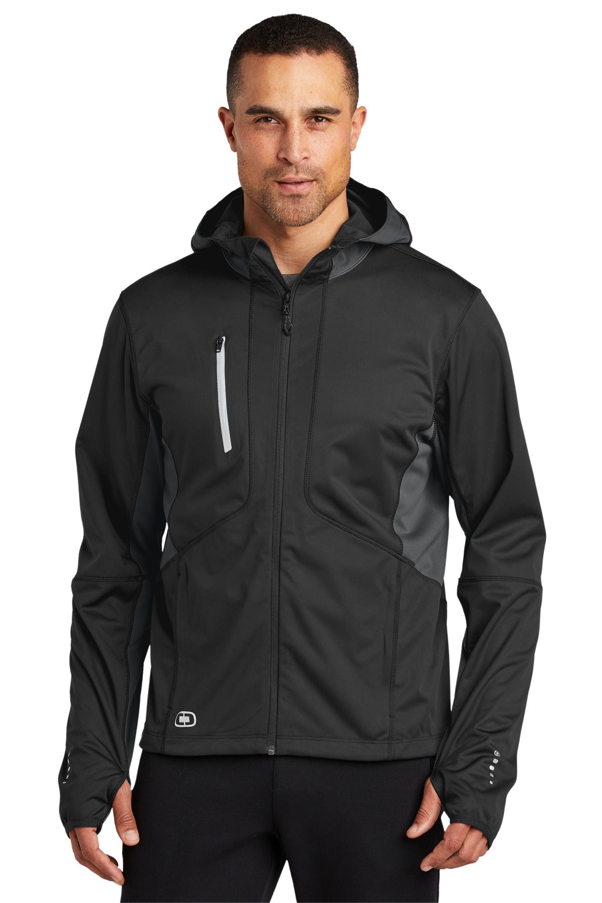 Custom logo OGIO® Pivot Soft Shell. OE721 in Blacktop/ Gear Grey