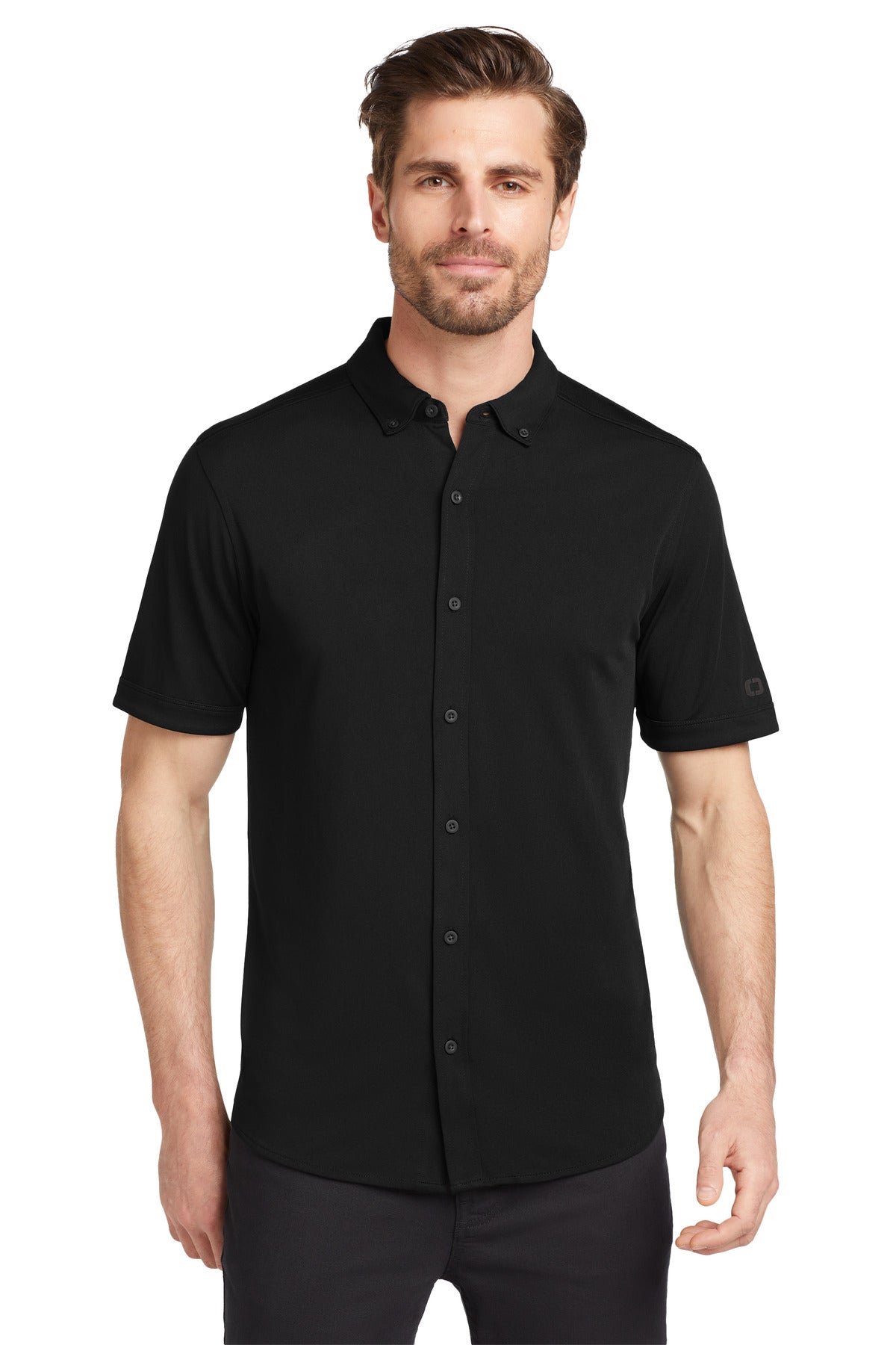 Custom logo OGIO ® Gravitate Full-Button Polo. OG141 in Blacktop