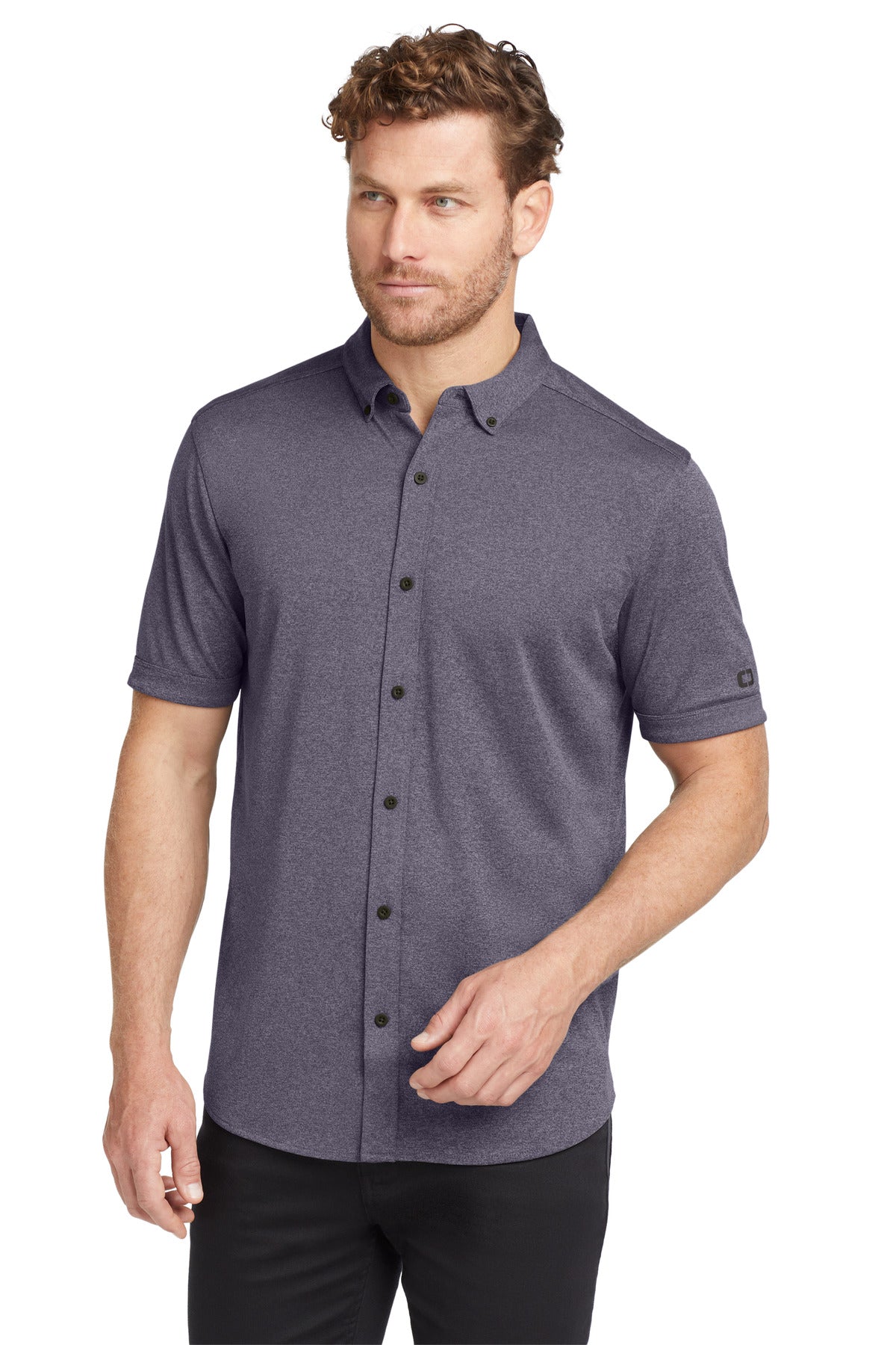 Custom logo OGIO ® Gravitate Full-Button Polo. OG141 in Navy Heather