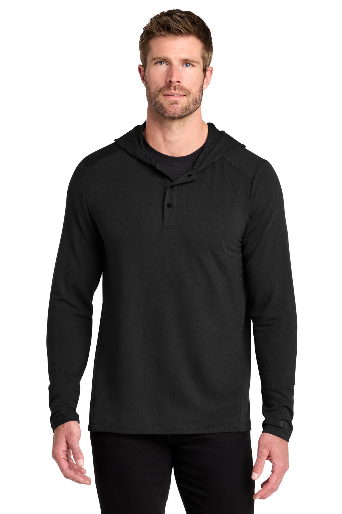 Custom logo OGIO® Luuma Flex Hooded Henley OG826 in Blacktop