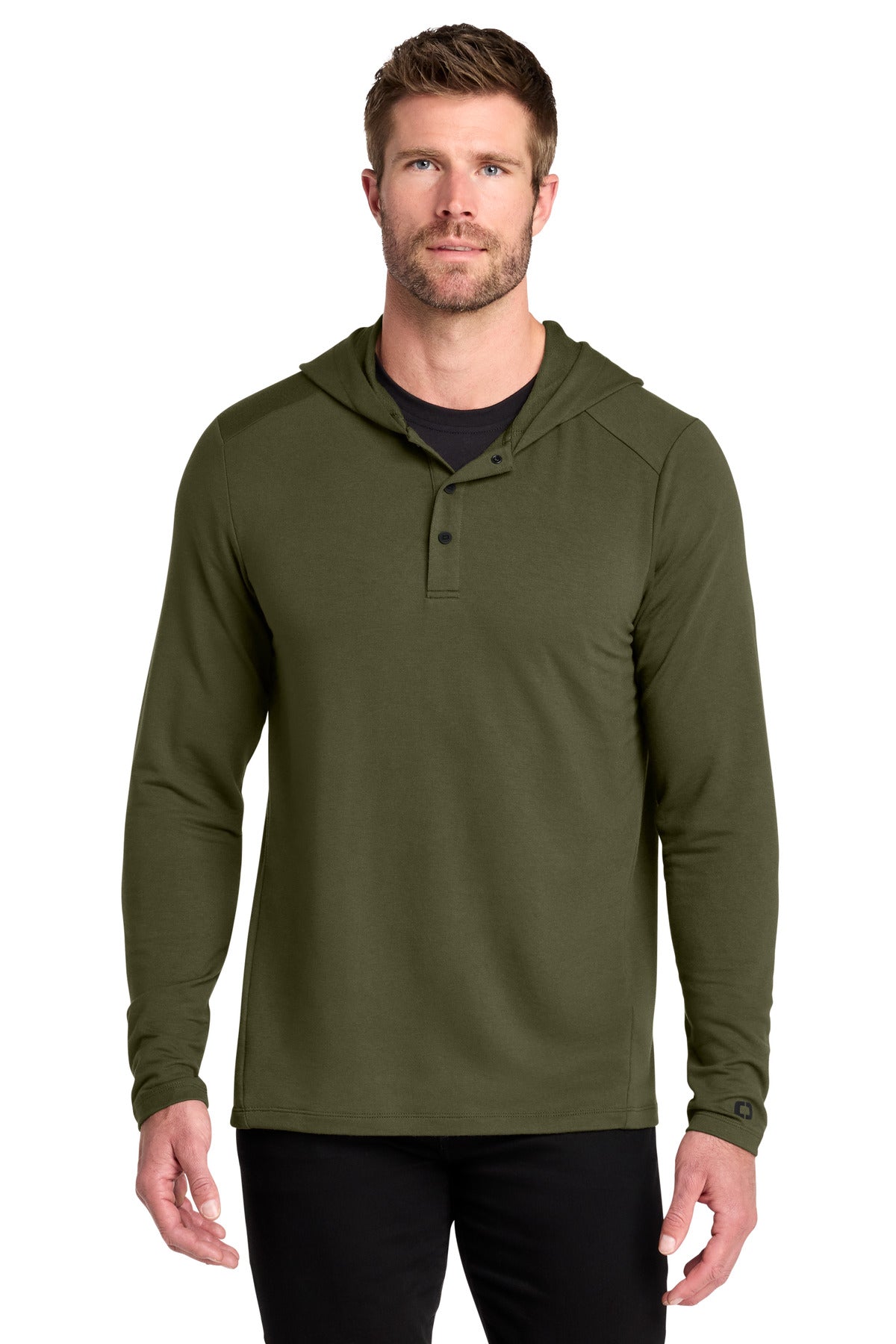 Custom logo OGIO® Luuma Flex Hooded Henley OG826 in Deep Olive