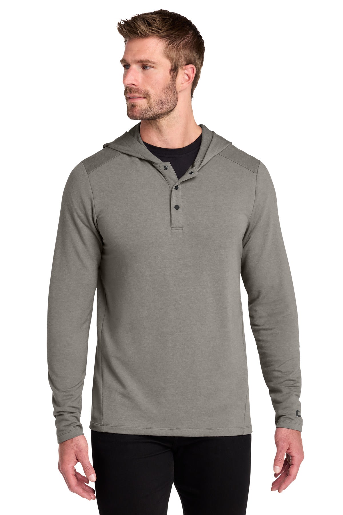 Custom logo OGIO® Luuma Flex Hooded Henley OG826 in Petrol Grey Heather
