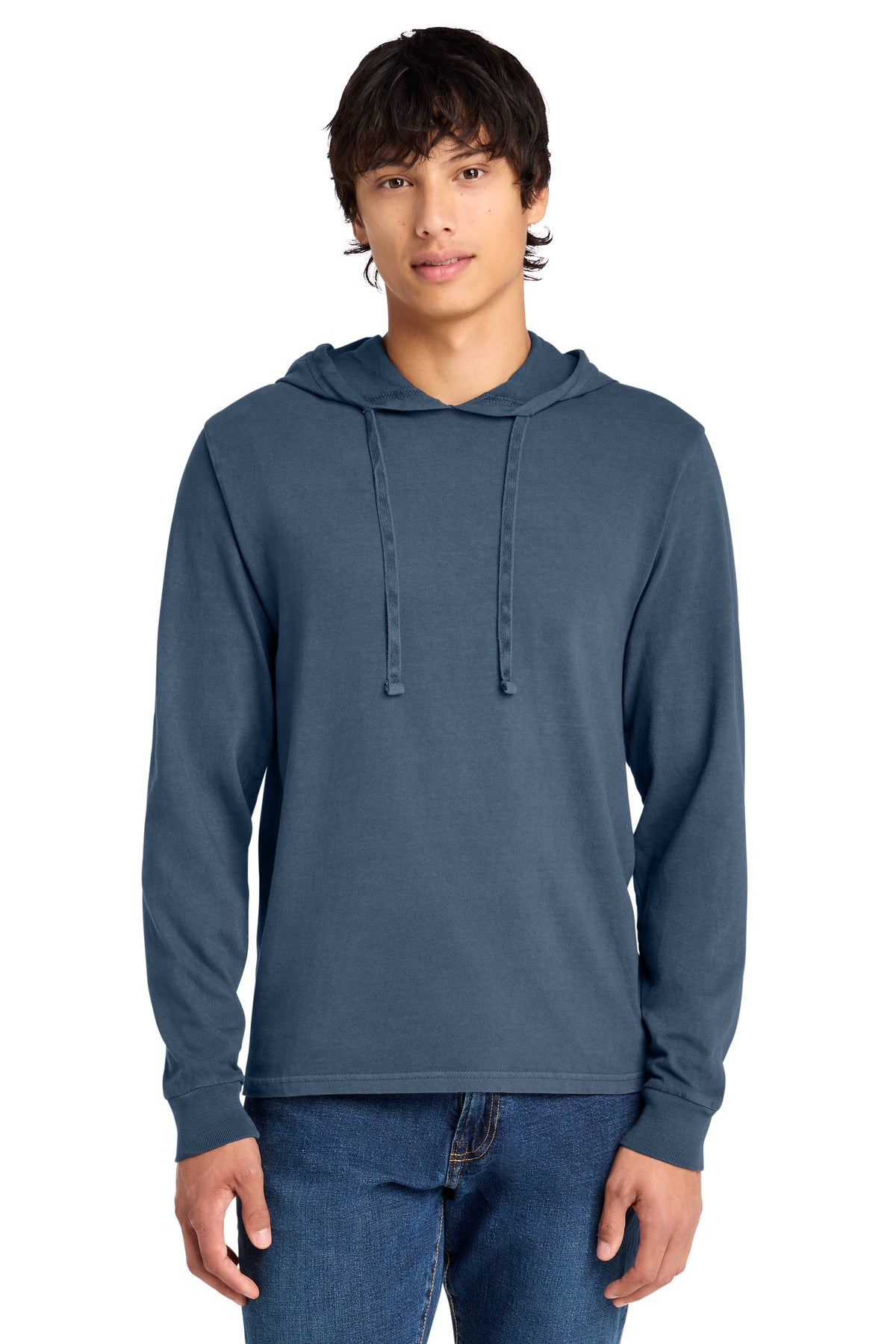 Custom logo Port & Co® Beach Wash® Garment-Dyed Pullover Hooded Tee PC099H in Denim Blue