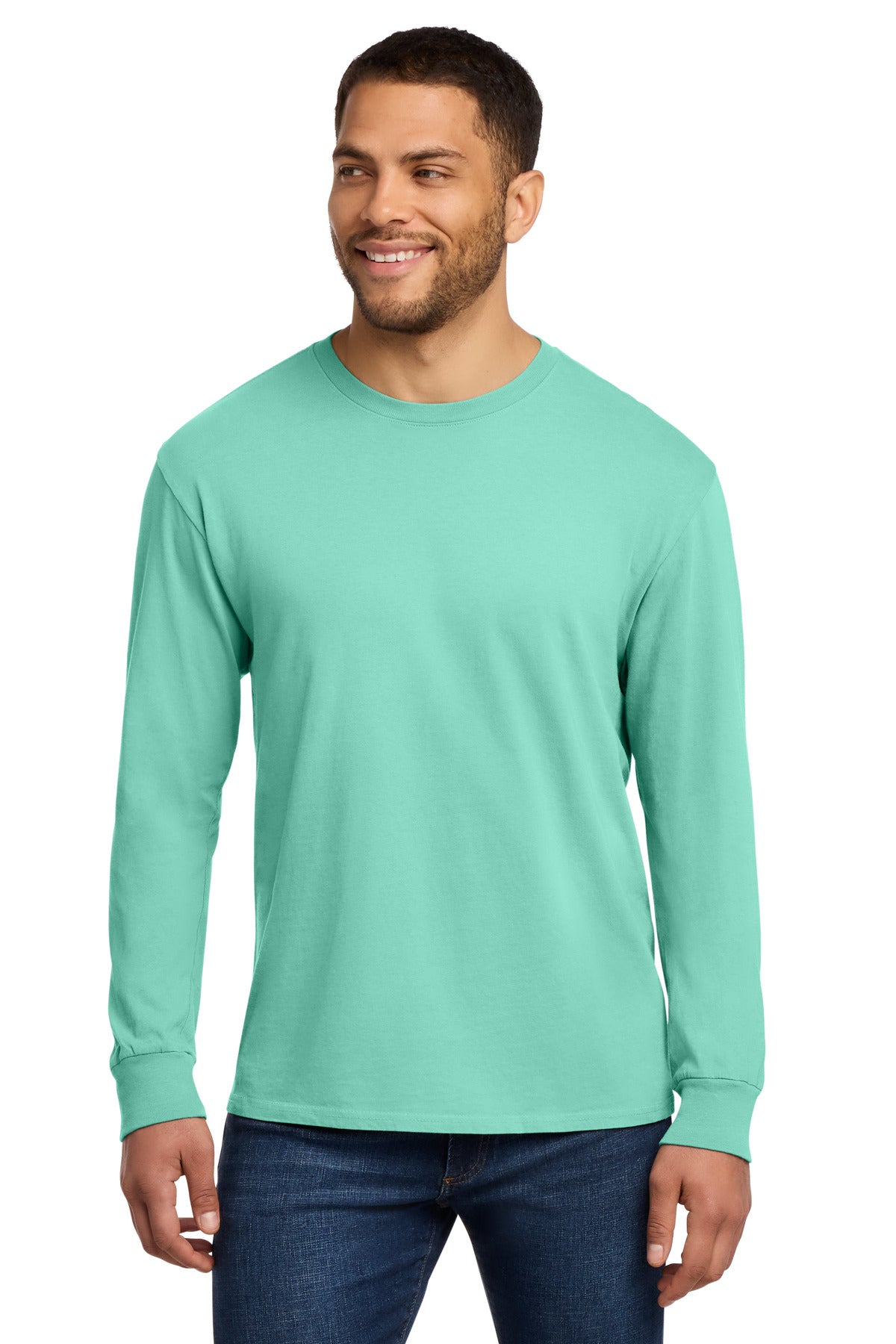 Custom logo Port & Co® Beach Wash® Garment-Dyed Long Sleeve Tee PC099LS in Cool Mint