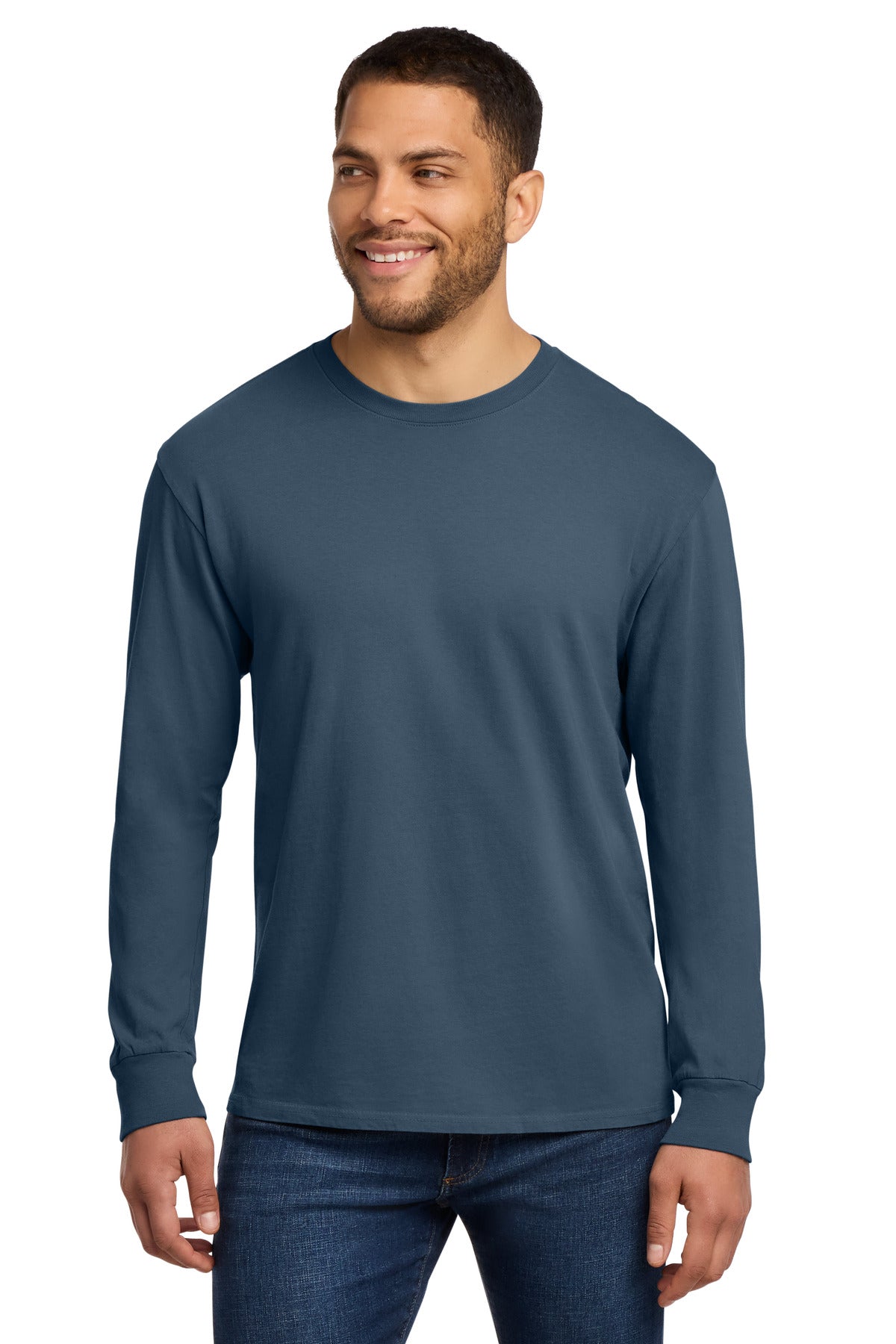 Custom logo Port & Co® Beach Wash® Garment-Dyed Long Sleeve Tee PC099LS in Denim Blue