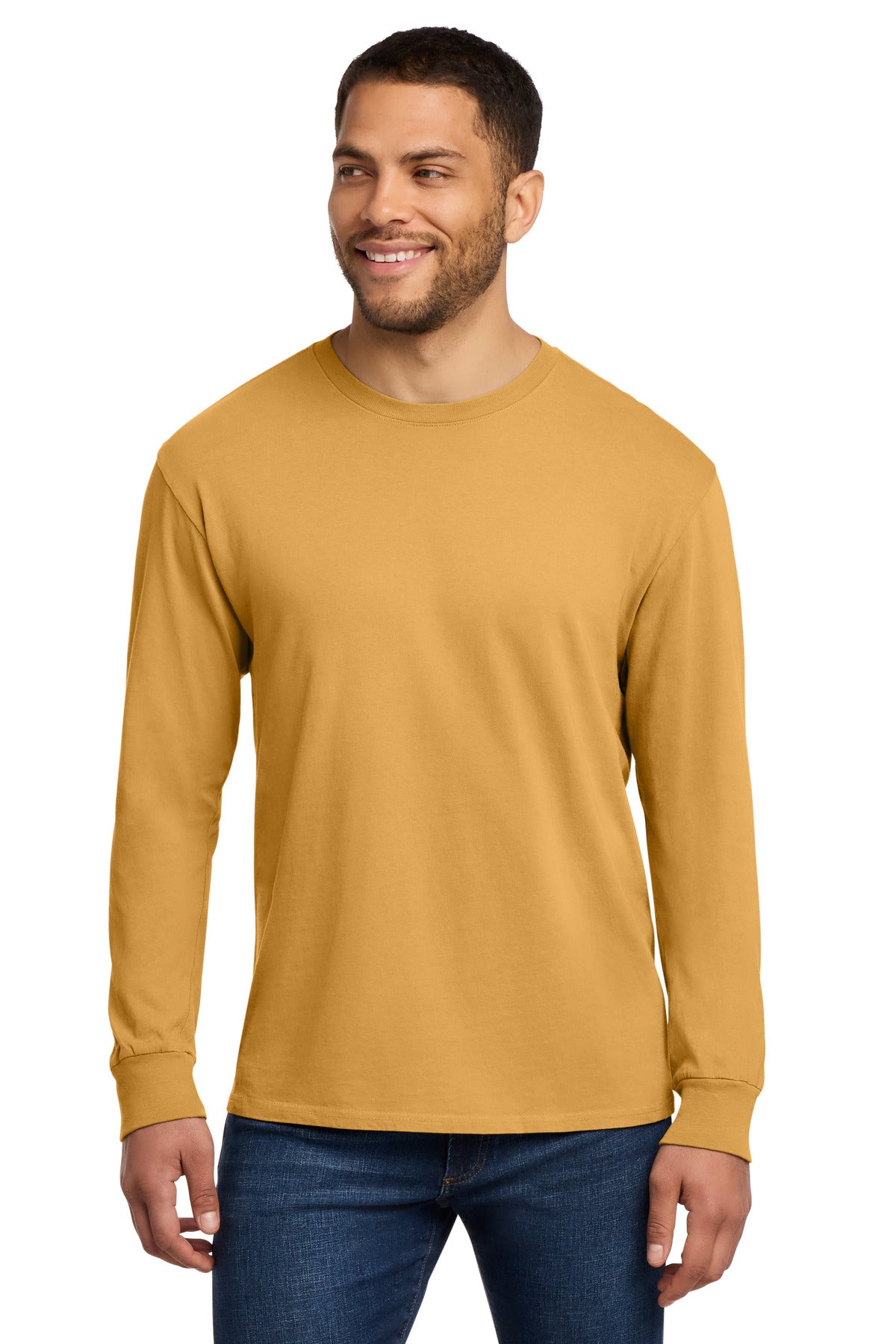 Custom logo Port & Co® Beach Wash® Garment-Dyed Long Sleeve Tee PC099LS in Dijon