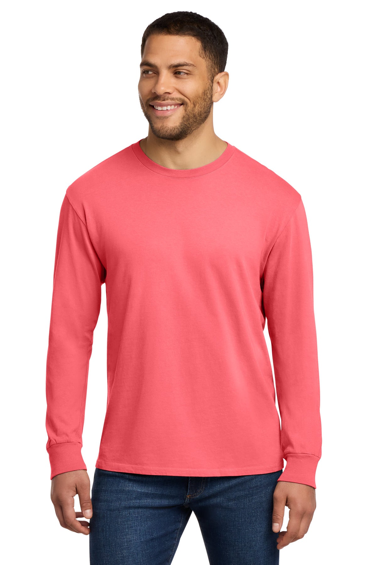 Custom logo Port & Co® Beach Wash® Garment-Dyed Long Sleeve Tee PC099LS in Neon Coral