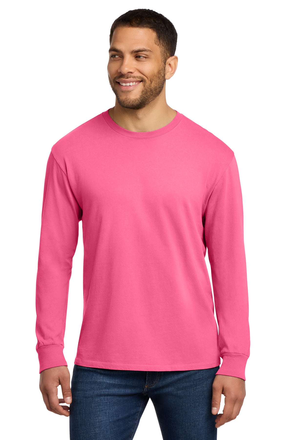 Custom logo Port & Co® Beach Wash® Garment-Dyed Long Sleeve Tee PC099LS in Neon Pink