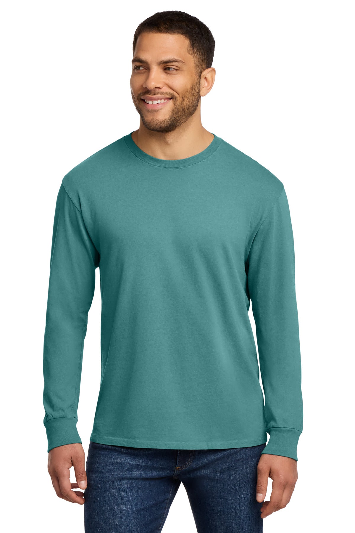 Custom logo Port & Co® Beach Wash® Garment-Dyed Long Sleeve Tee PC099LS in Peacock