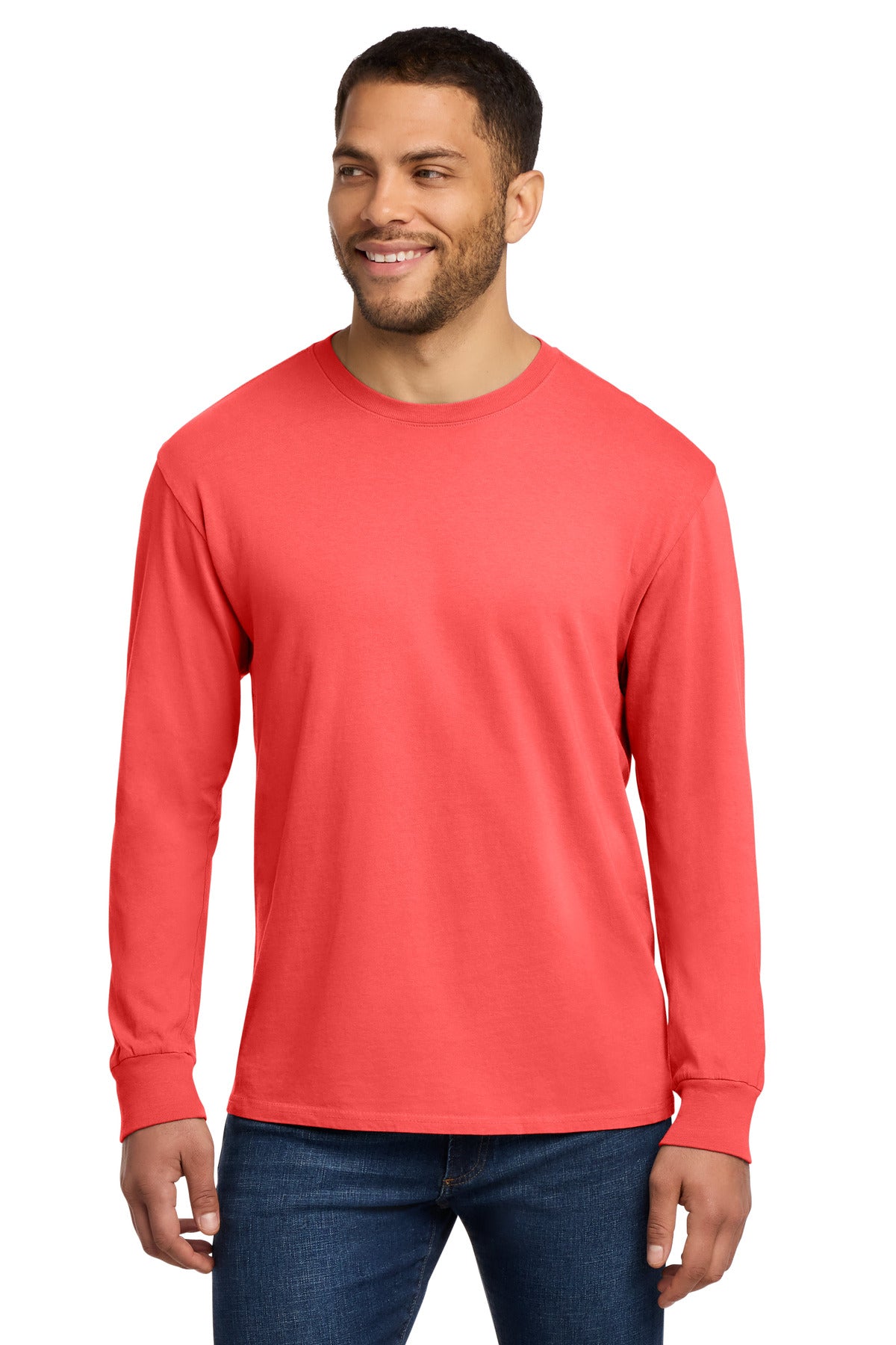 Custom logo Port & Co® Beach Wash® Garment-Dyed Long Sleeve Tee PC099LS in Poppy