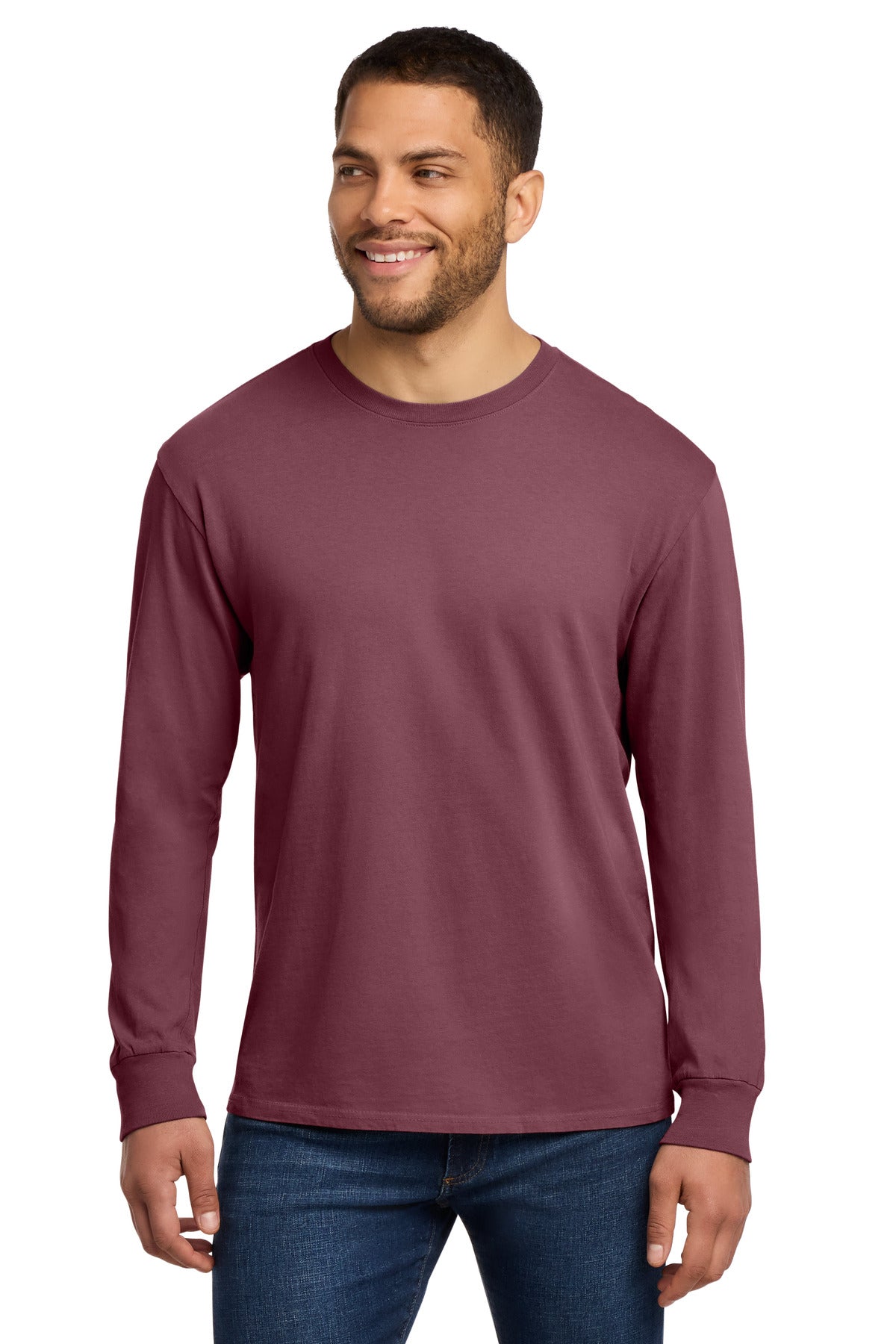 Custom logo Port & Co® Beach Wash® Garment-Dyed Long Sleeve Tee PC099LS in Wineberry