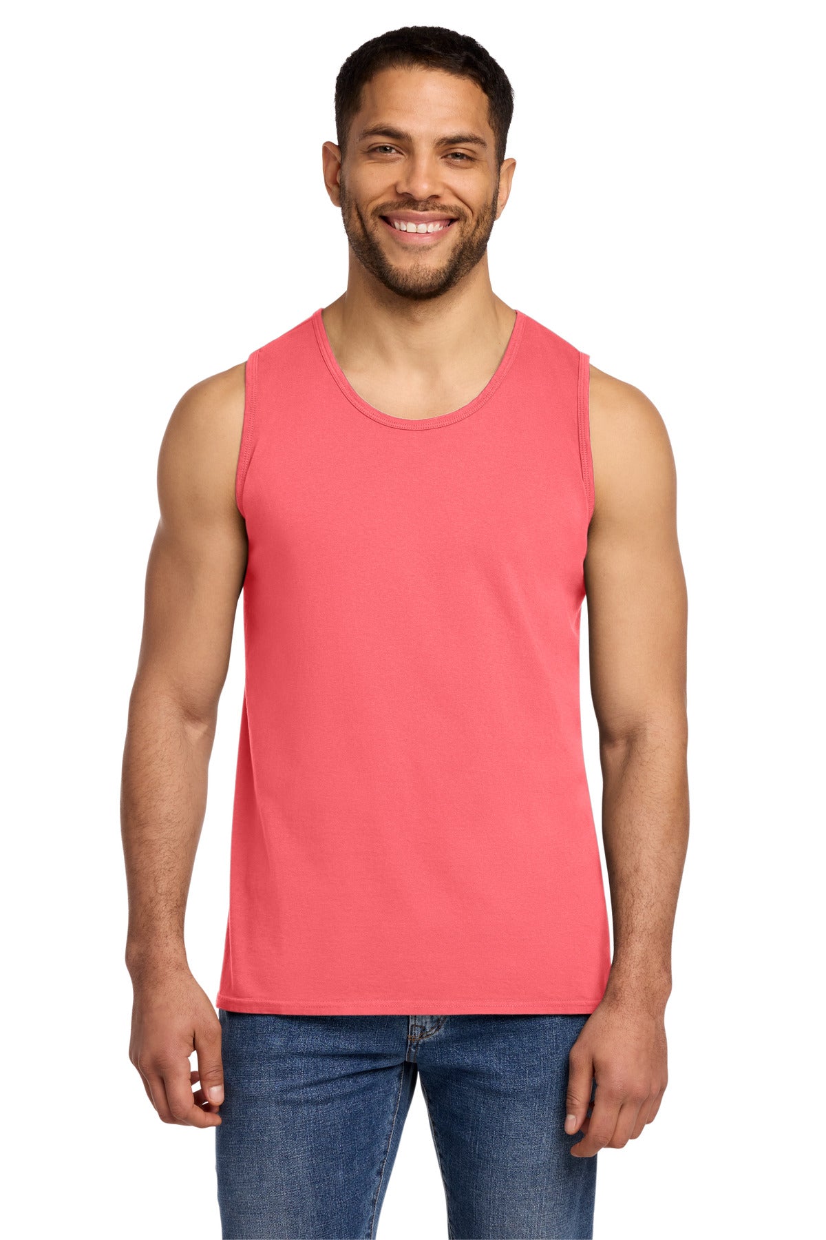 Custom logo Port & Co® Beach Wash® Garment-Dyed Tank.  PC099TT in Neon Coral