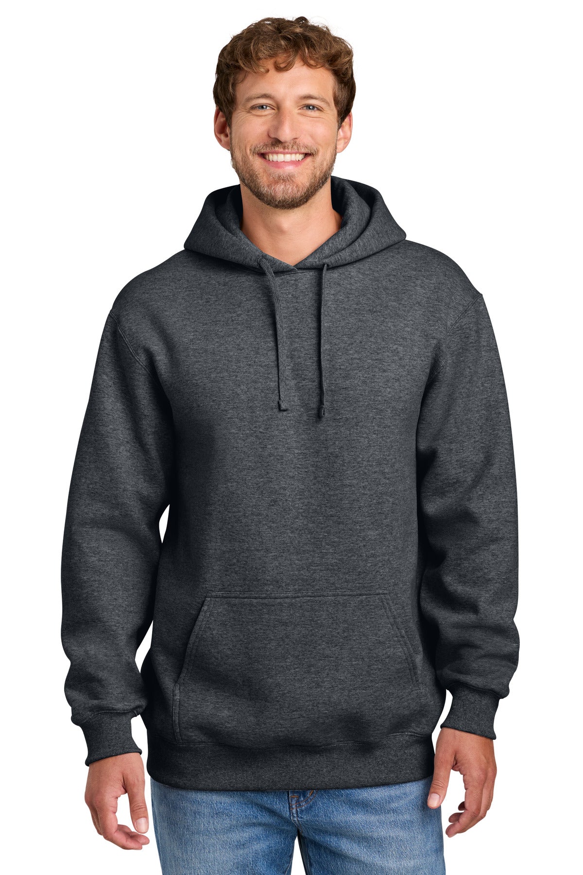 Custom logo Port & Co® Foundation Fleece Pullover Hooded Sweatshirt PC107H in Dark Heather Grey