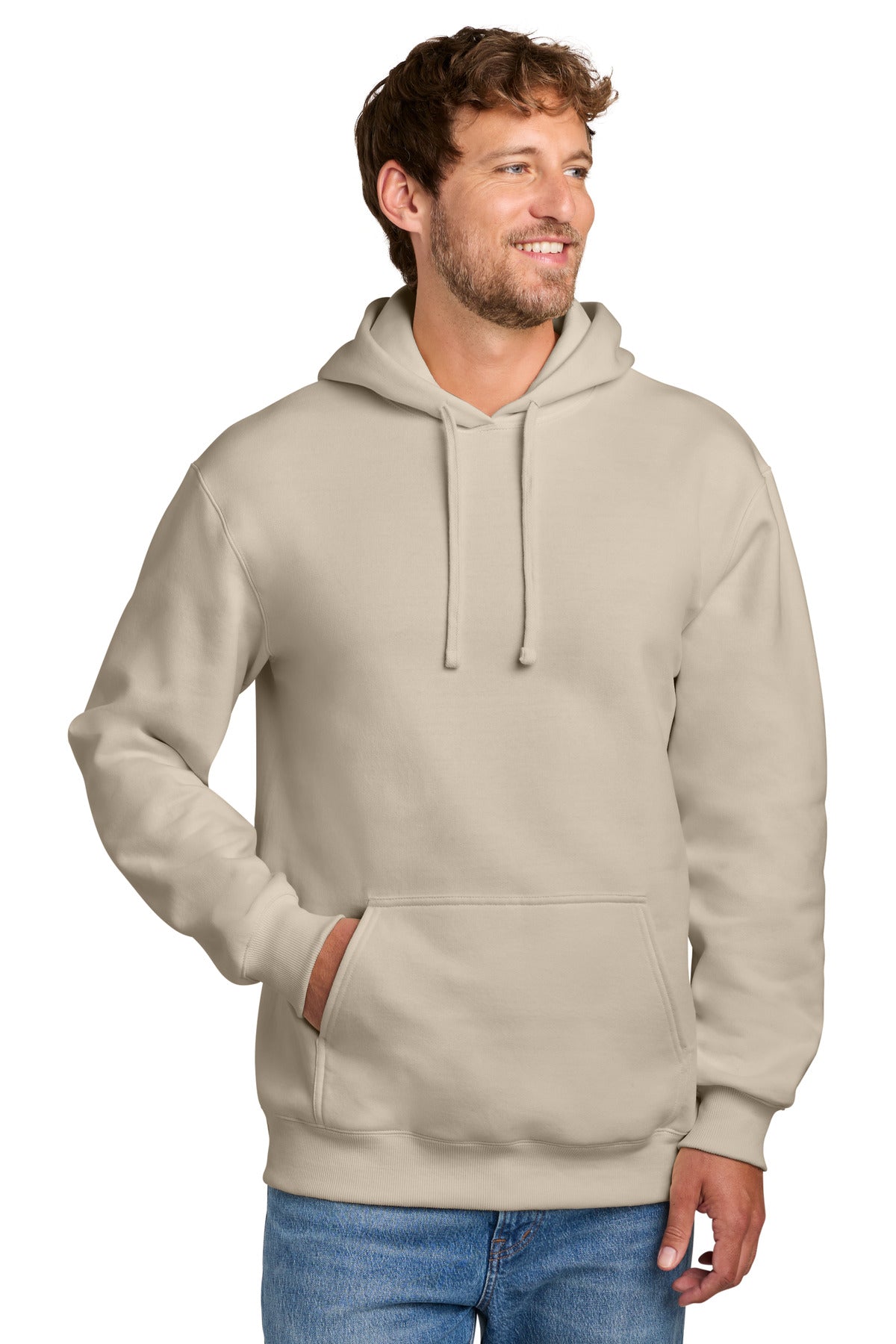 Custom logo Port & Co® Foundation Fleece Pullover Hooded Sweatshirt PC107H in Light Sand
