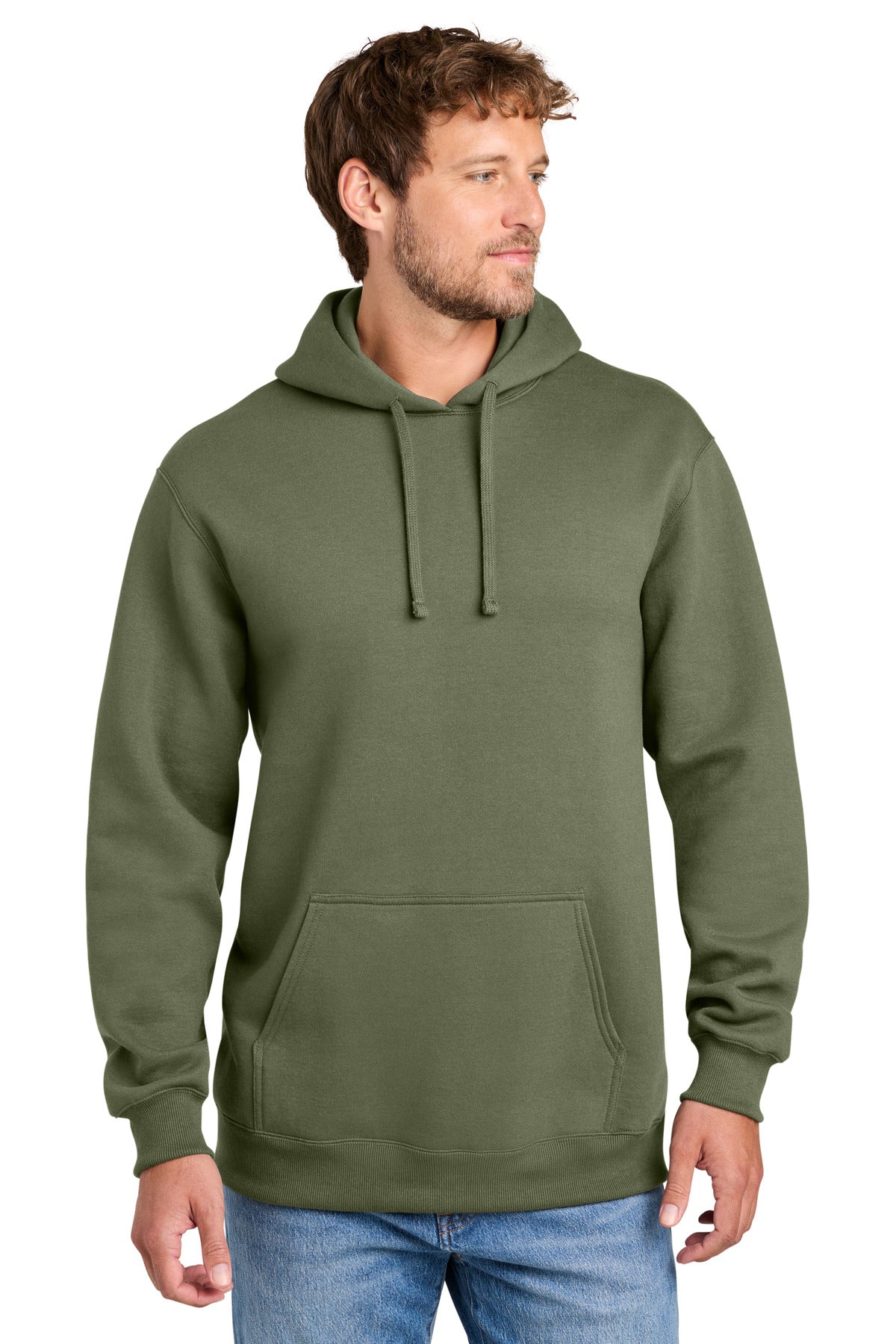 Custom logo Port & Co® Foundation Fleece Pullover Hooded Sweatshirt PC107H in Olive Drab Green
