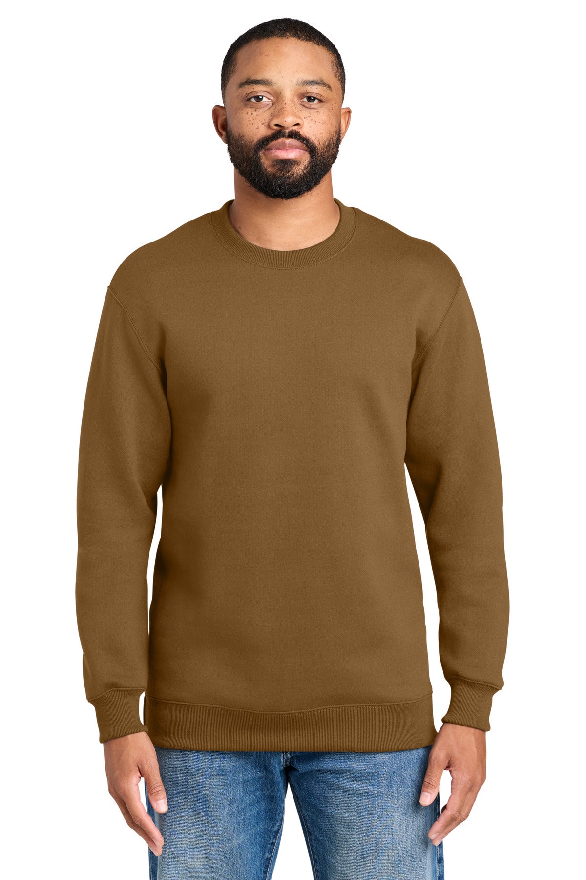 Custom logo Port & Co® Foundation Fleece Pullover Crewneck Sweatshirt PC107 in Duck Brown